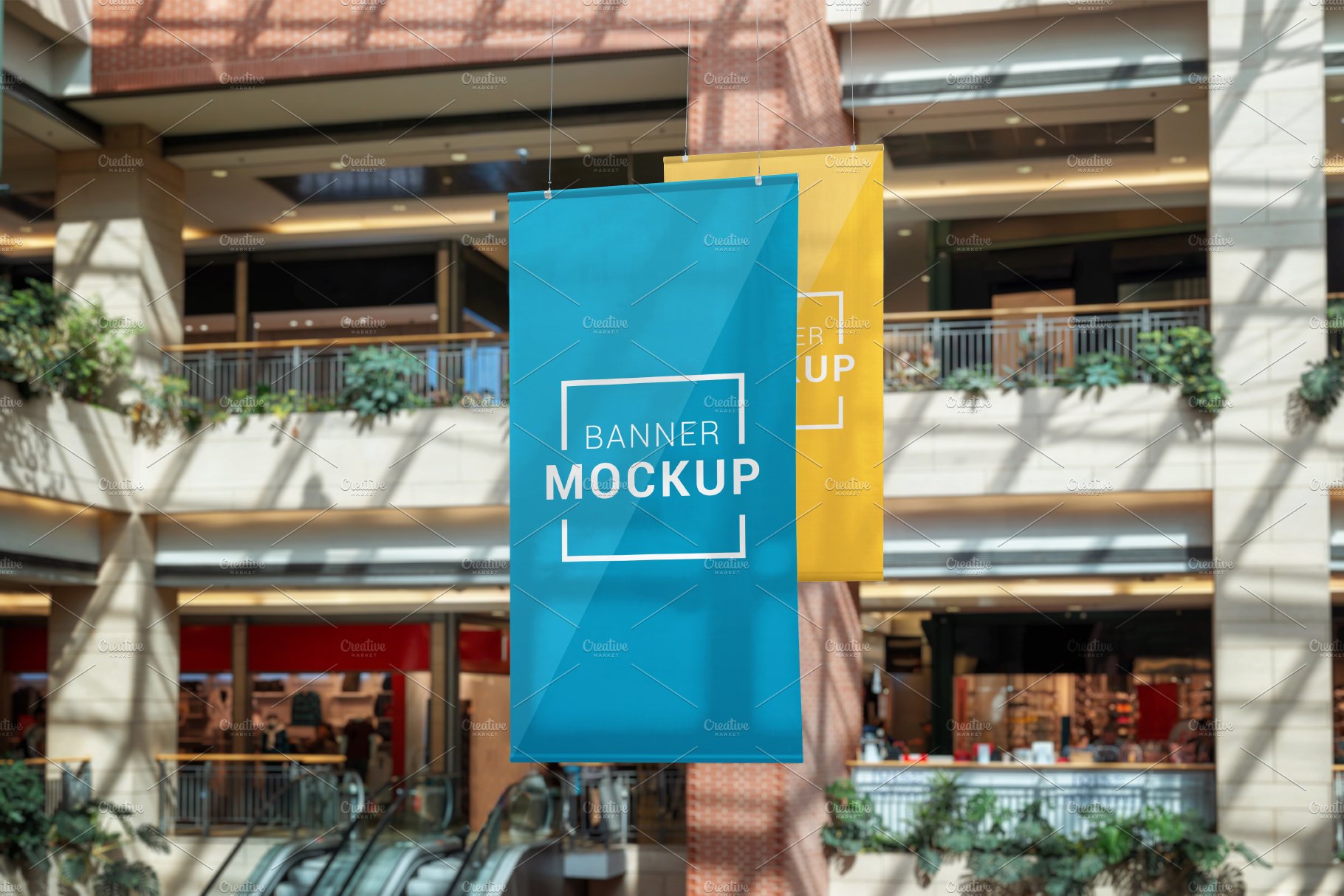 Banner mockups hanged inside mall cover image.