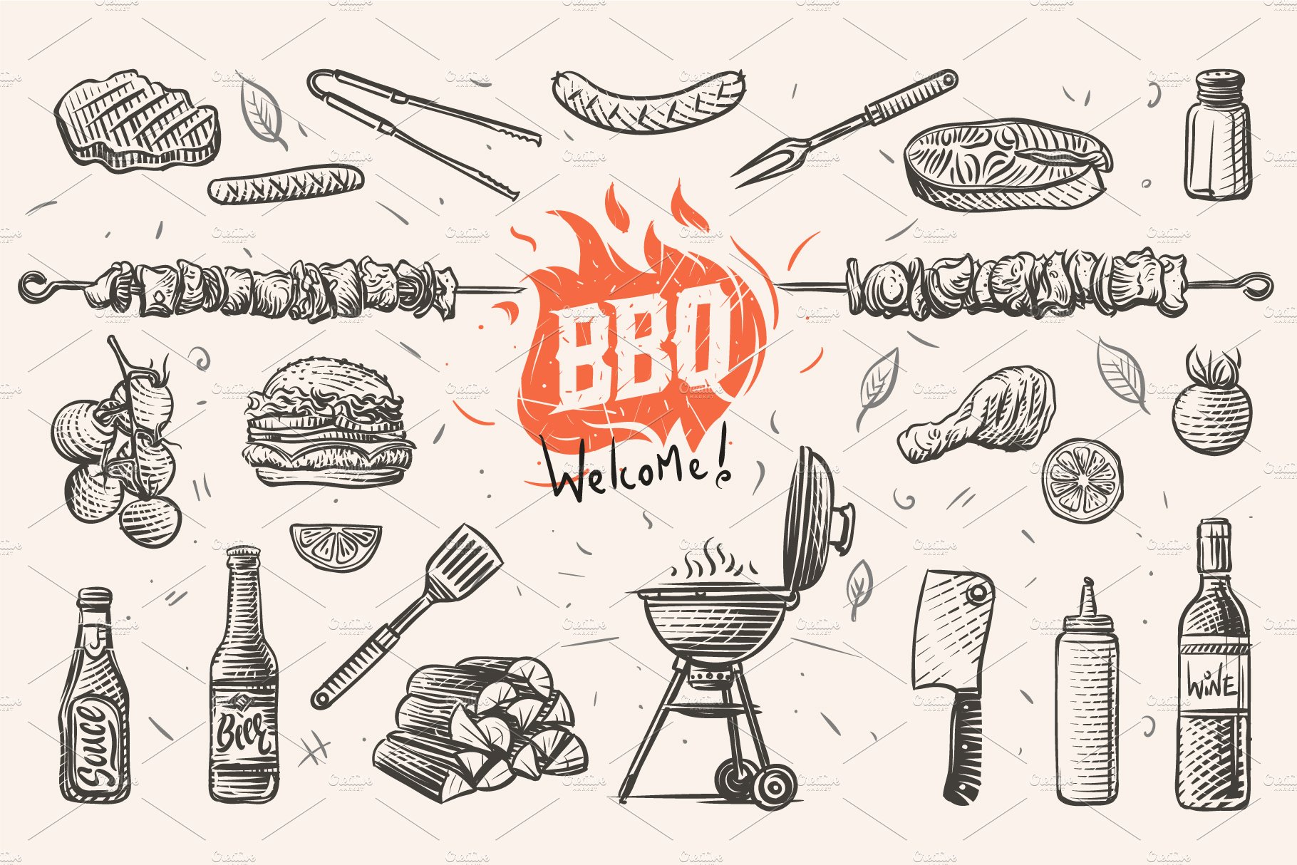 Barbecue elements hand drawn.Vector. cover image.