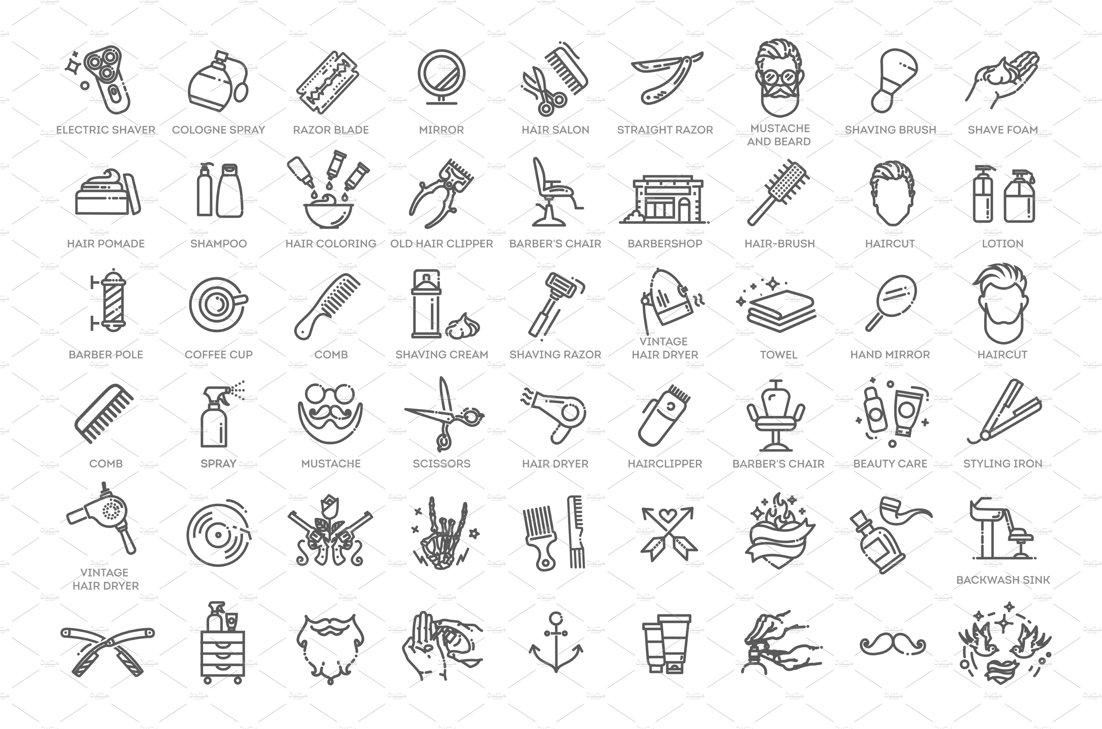Barbershop vector icons set. Vector cover image.
