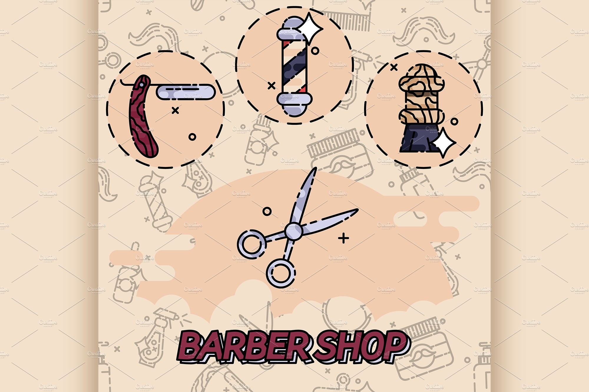 Barber shop flat concept icons cover image.
