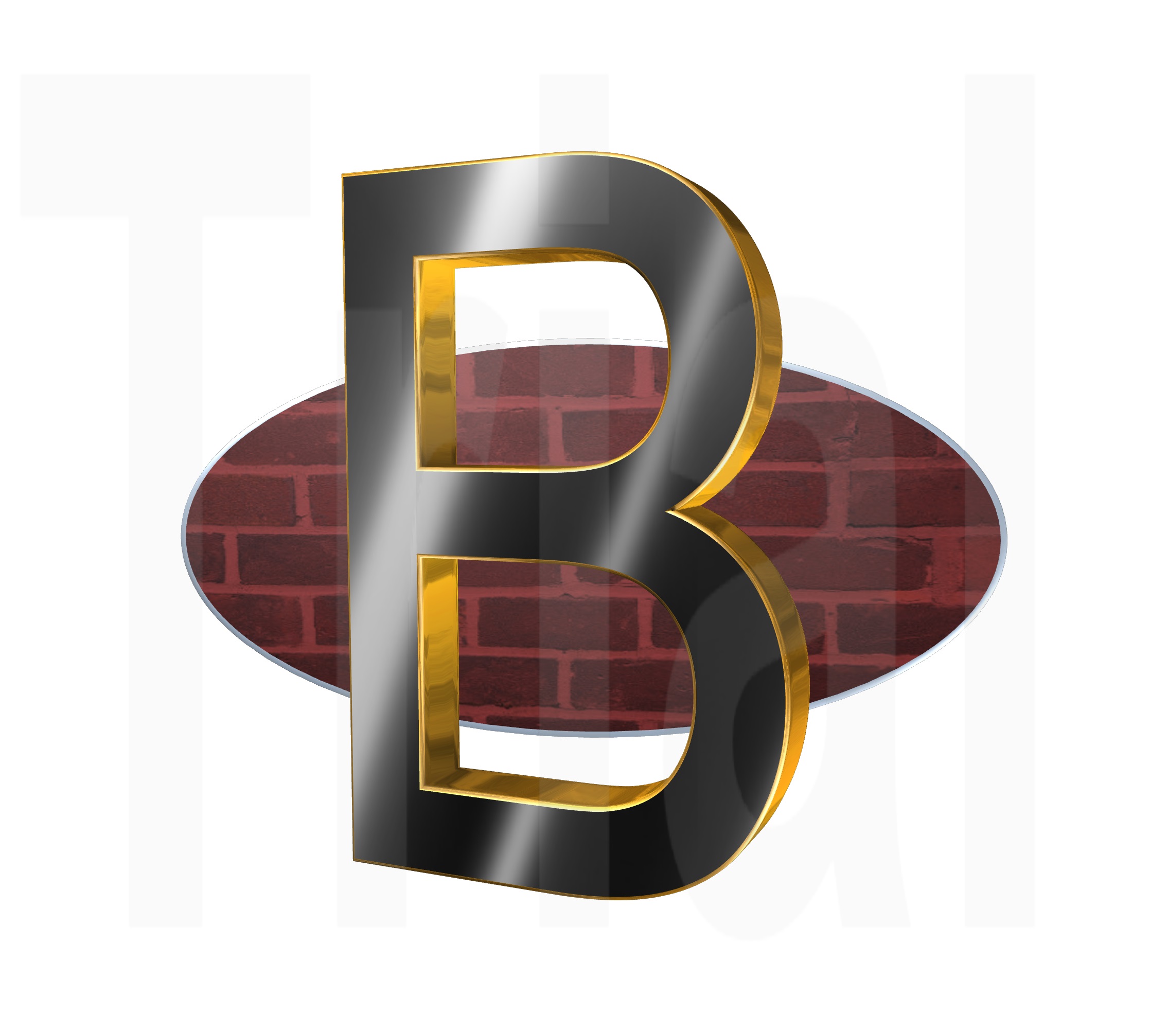 Black and gold letter b on a red brick wall.