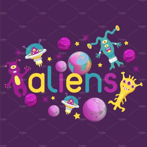 Monster alien poster, banner vector cover image.