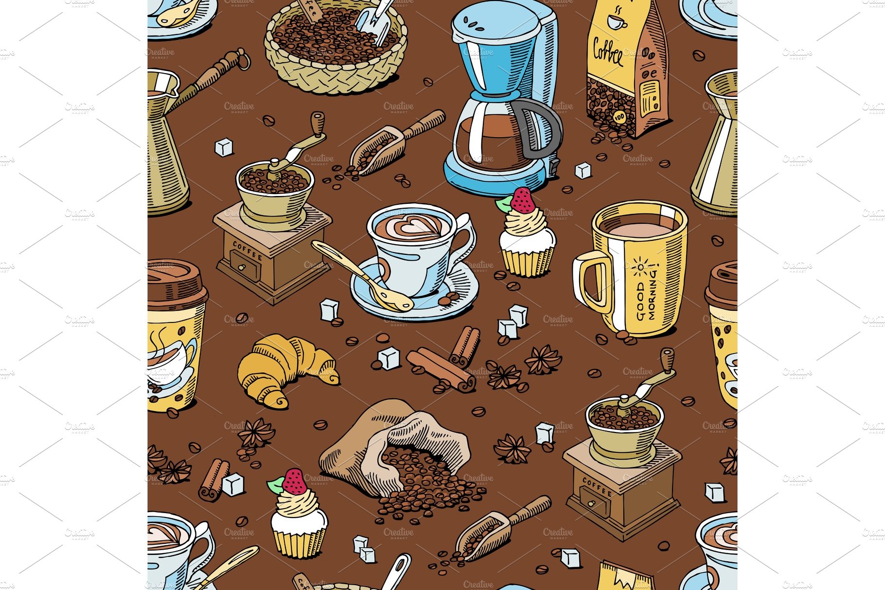 Coffee pattern seamless coffeebeans and coffeecup vector drink hot espresso... cover image.