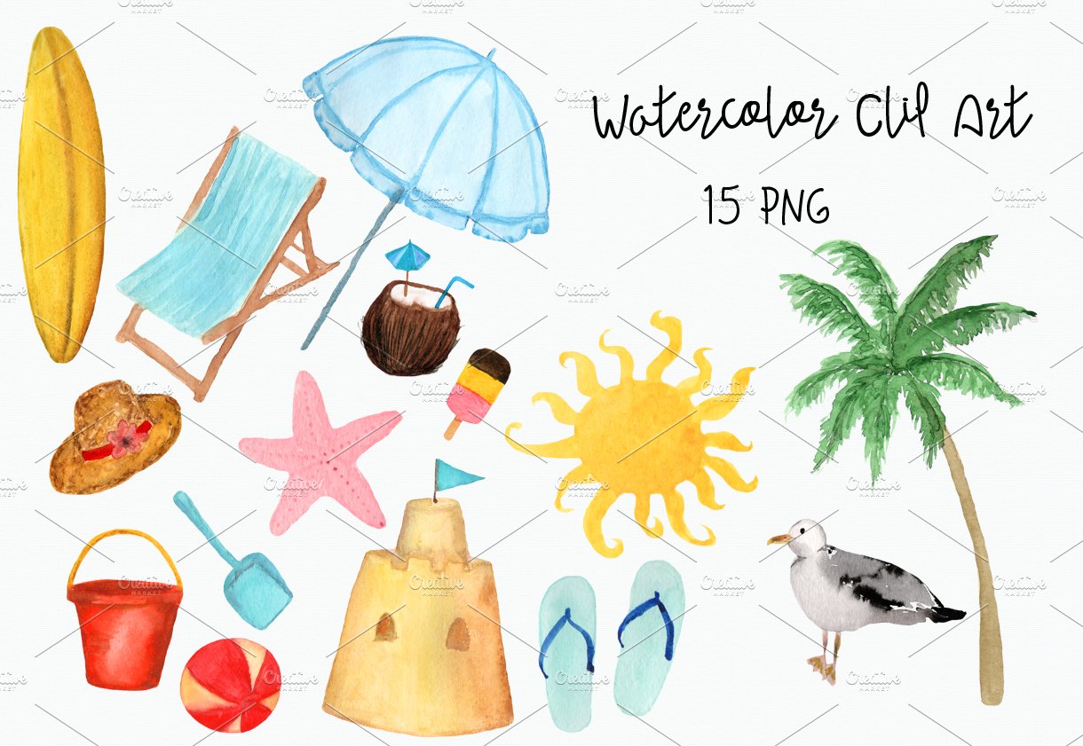 Watercolor Beach Clip Art cover image.