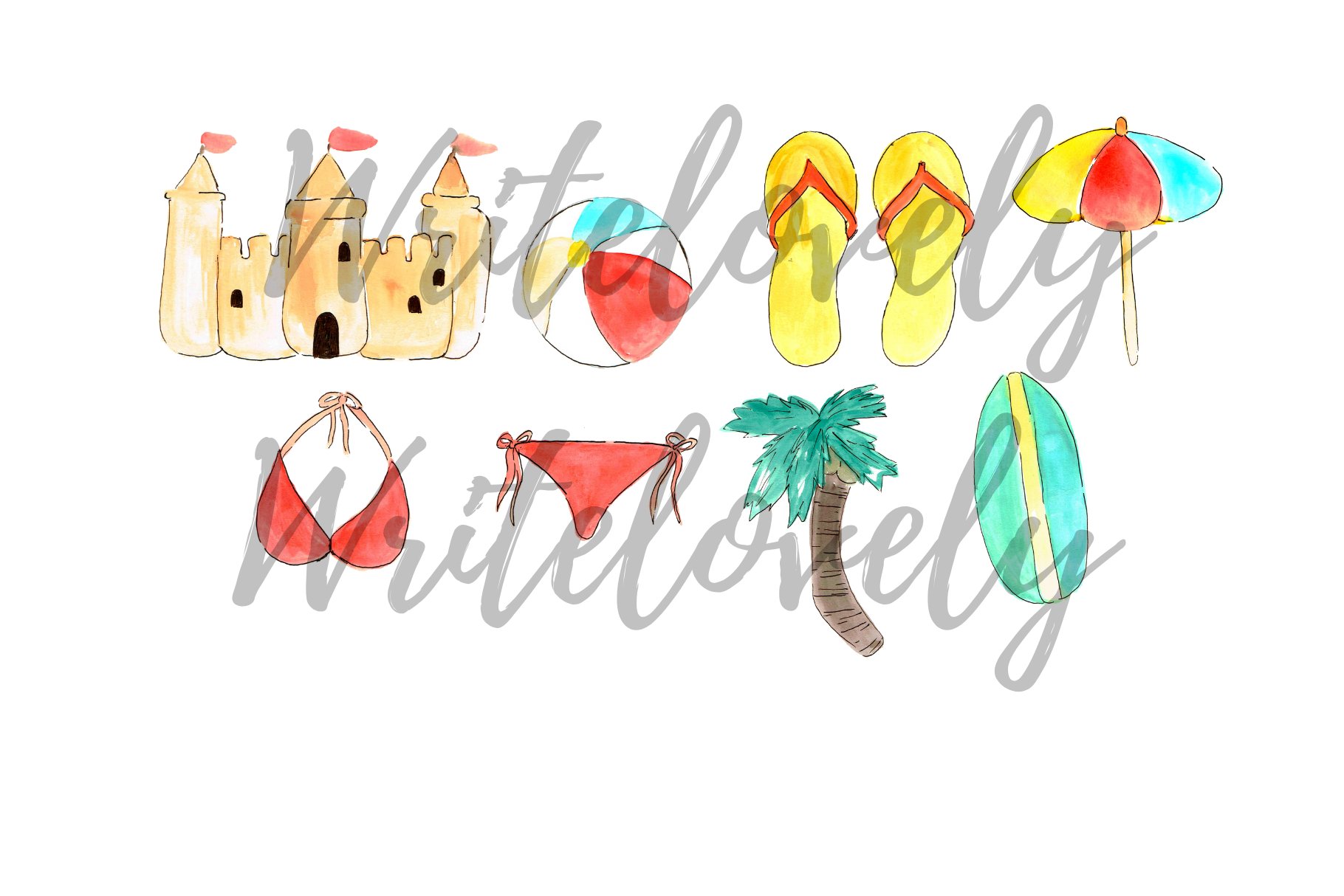 Watercolor Summer Beach Clipart preview image.