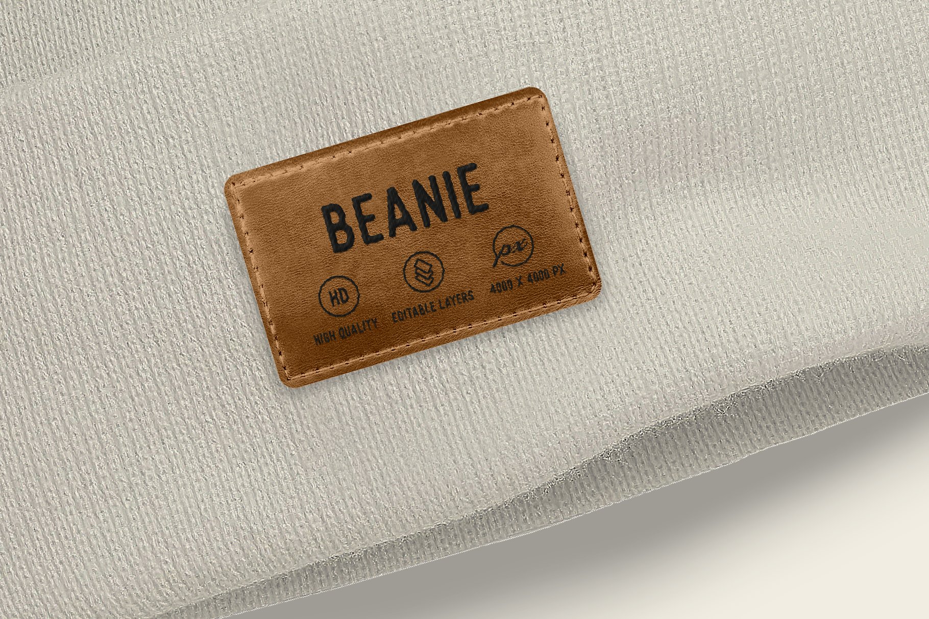 beanie leather mockup branding apparel fashion winter wear mock up easy editable design tag label patch hat snow woollen presentation 335