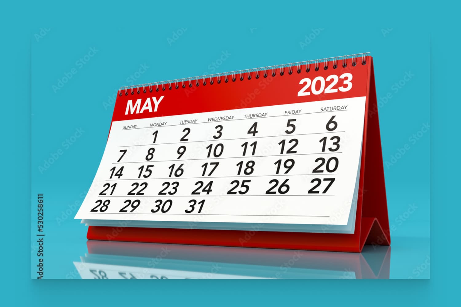 May 2023 Calendar. Isolated on Blue Background. 3D Illustration.