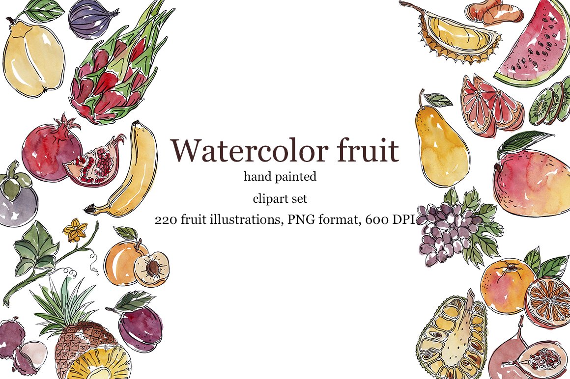 Watercolor fruits, raster cover image.