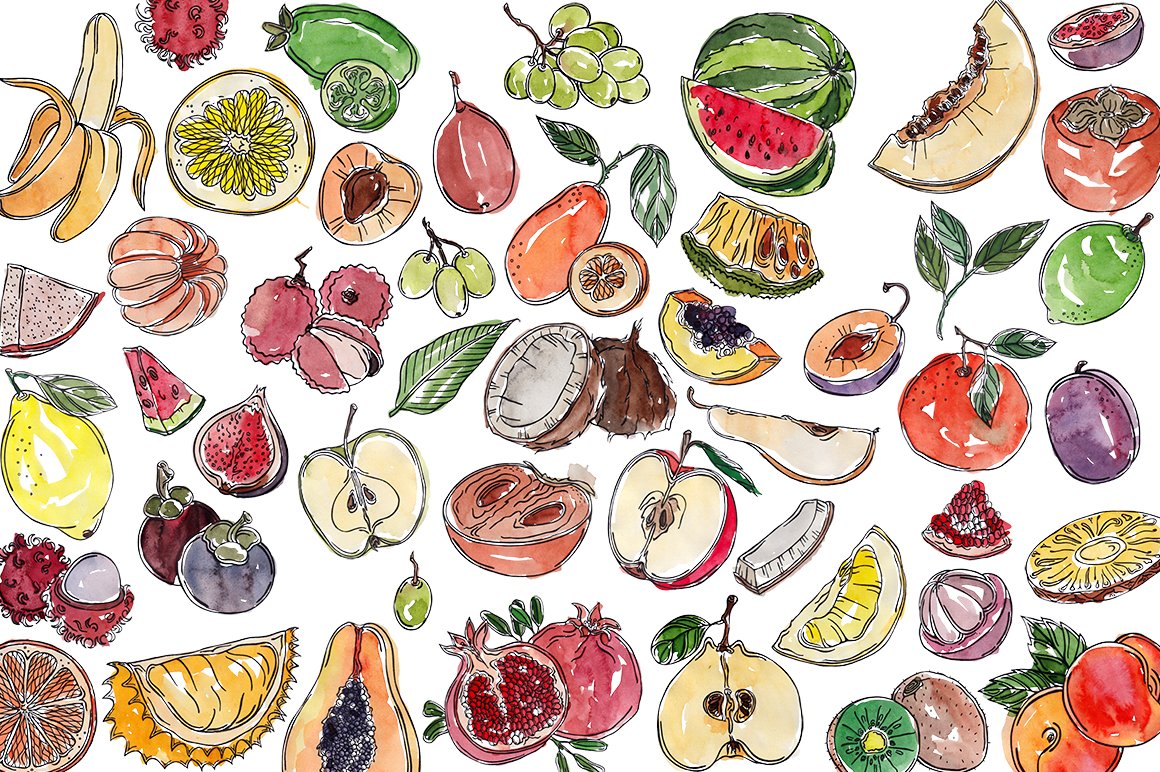 Watercolor fruits, raster preview image.