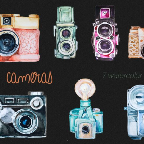 Watercolor Retro Cameras Clipart Set cover image.