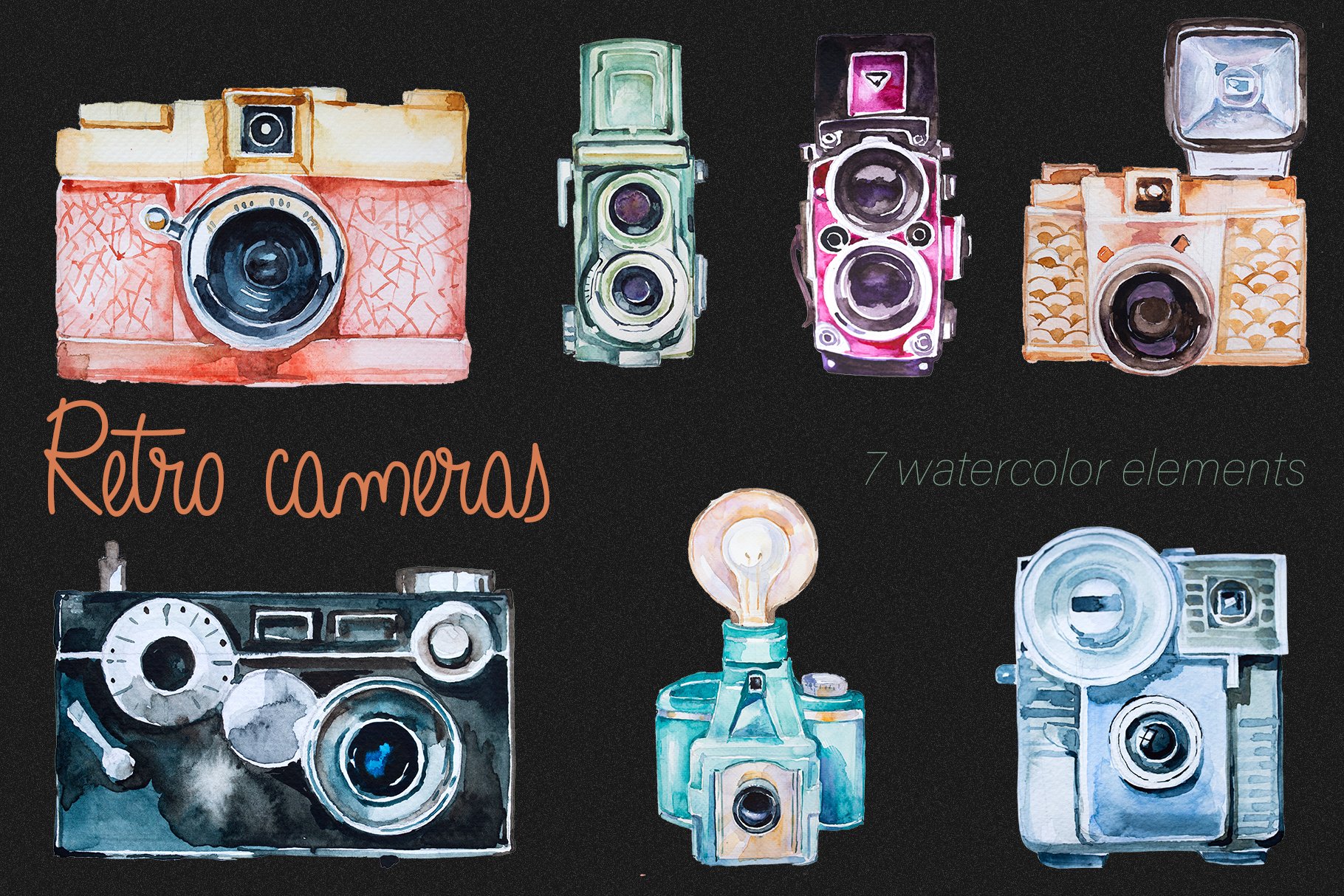 Watercolor Retro Cameras Clipart Set cover image.