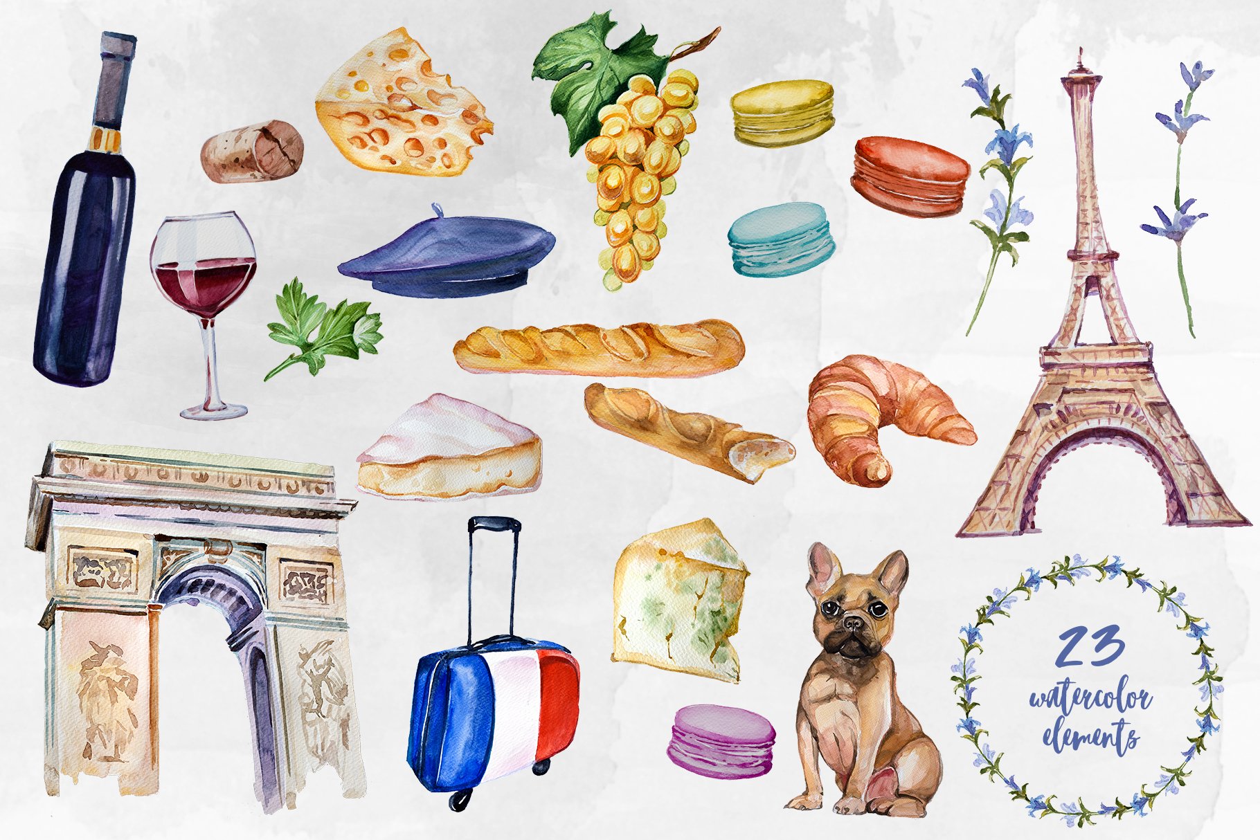 Watercolor France Clipart Set preview image.