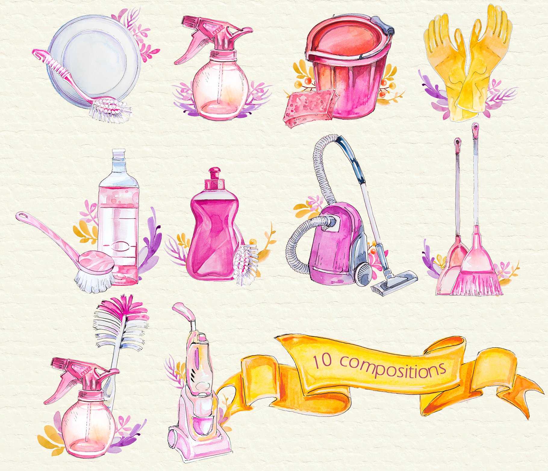 Watercolor Cleaning Clipart Set preview image.