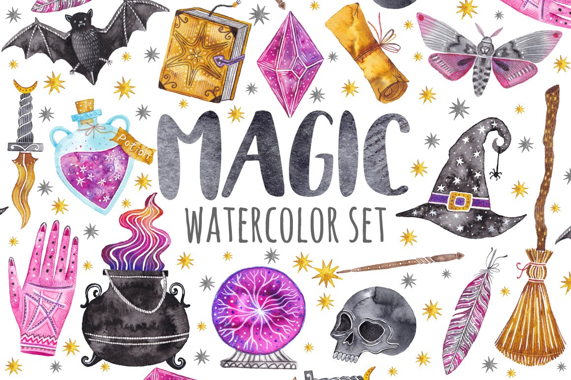 Watercolor magic set. Witchcraft cover image.