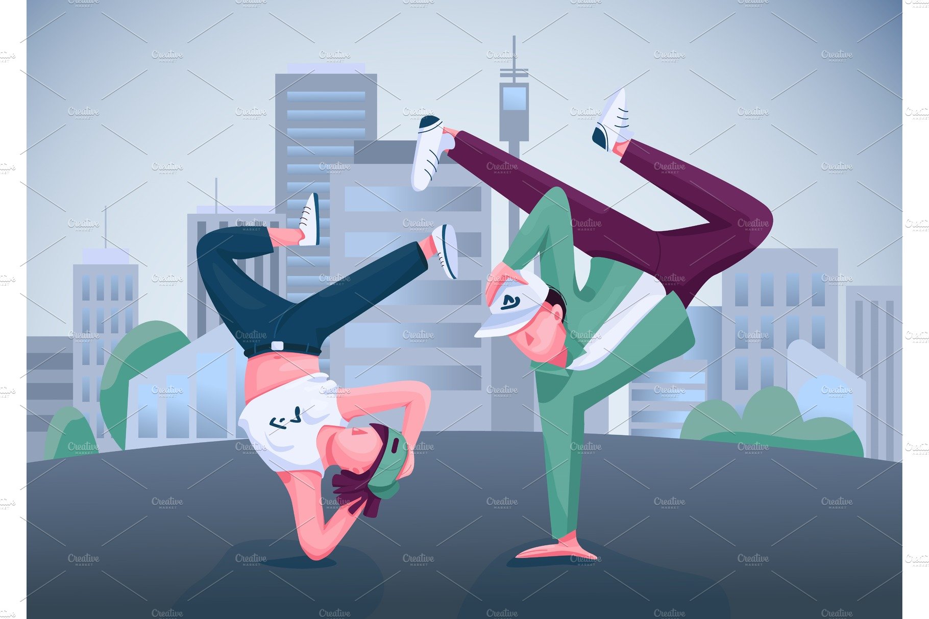 Urban dancers flat illustration cover image.