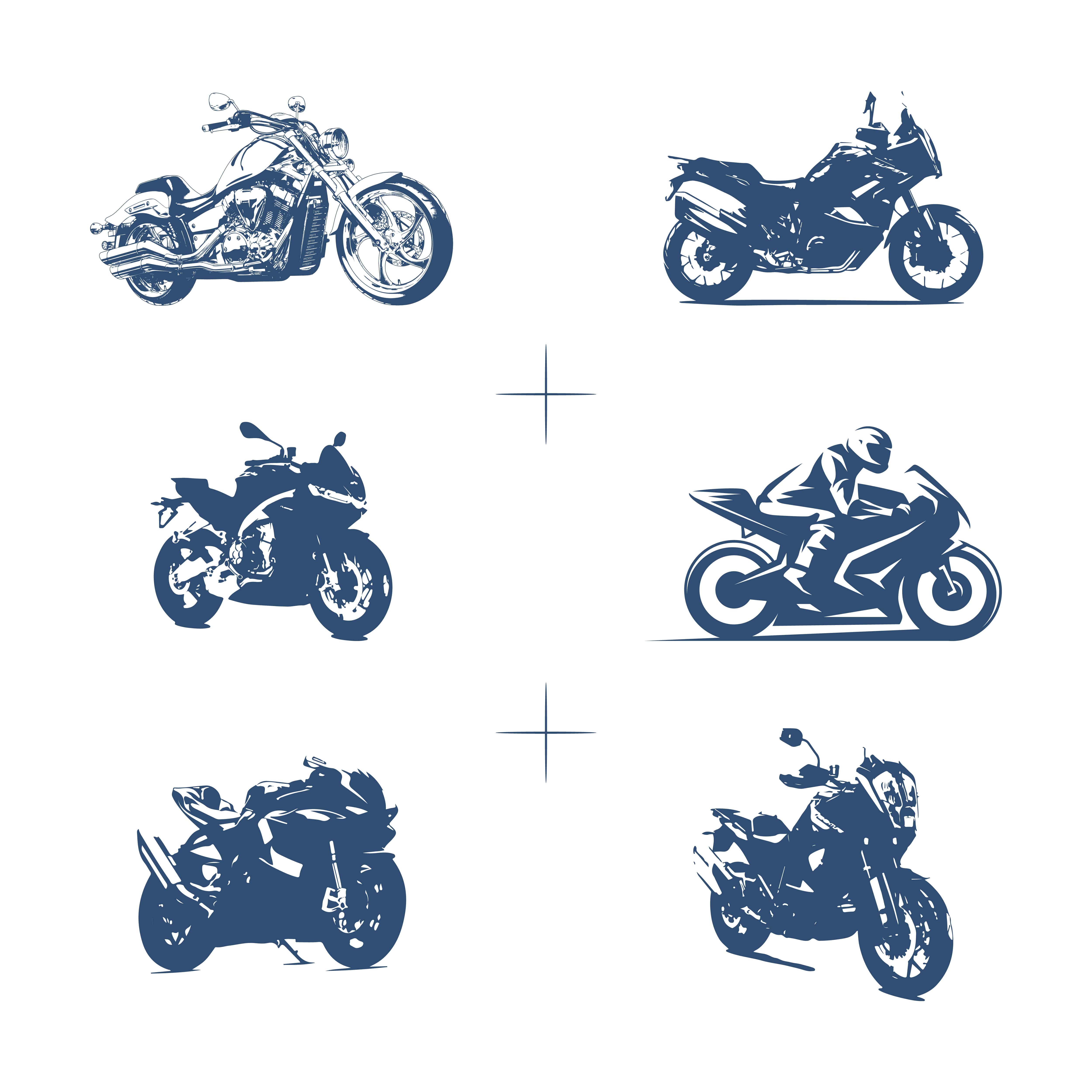Four different types of motorcycles on a white background.