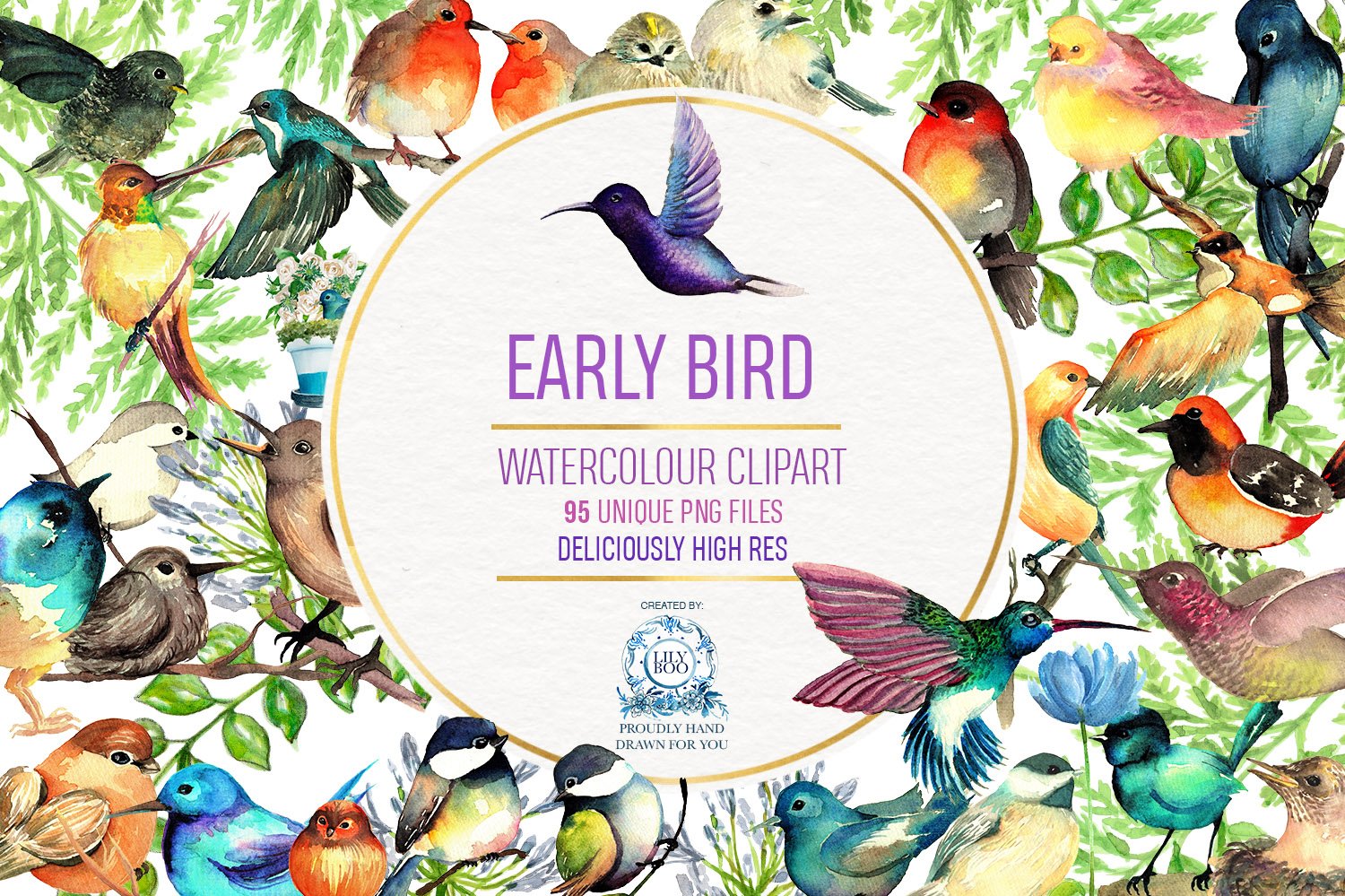 95 Bird Watercolor Clipart Graphics cover image.