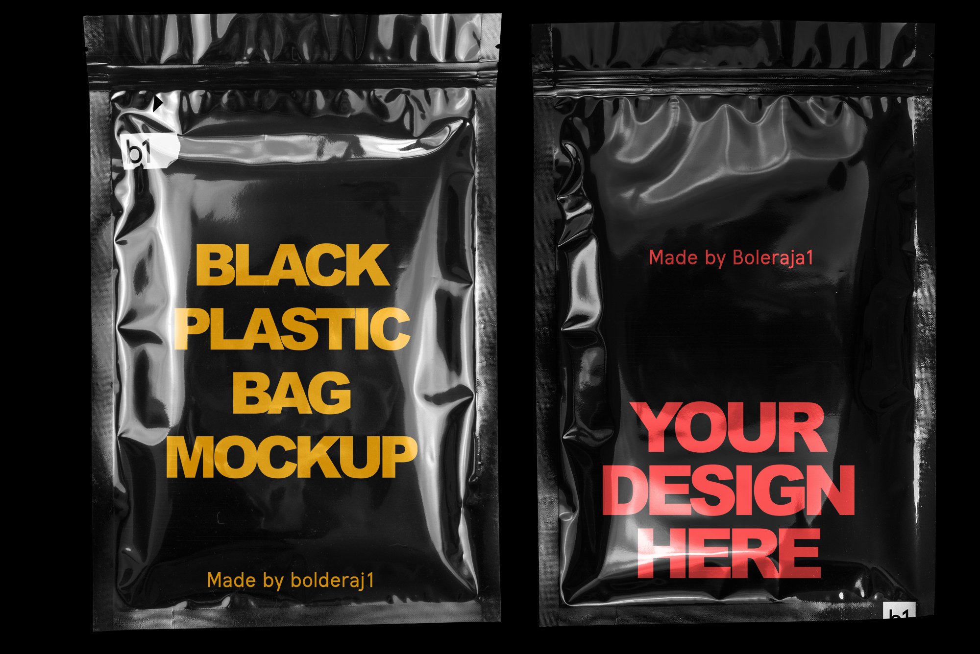 Black plastic bag mockup preview image.