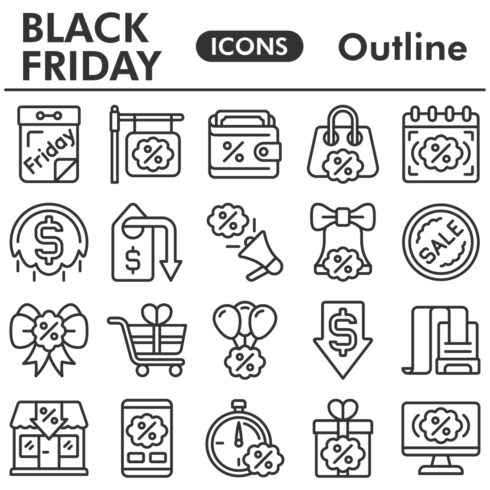 Black friday icons set, outline style cover image.