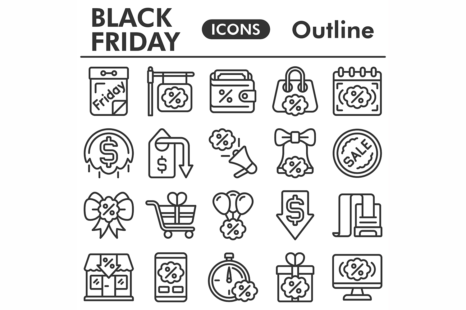 Black friday icons set, outline style pinterest preview image.