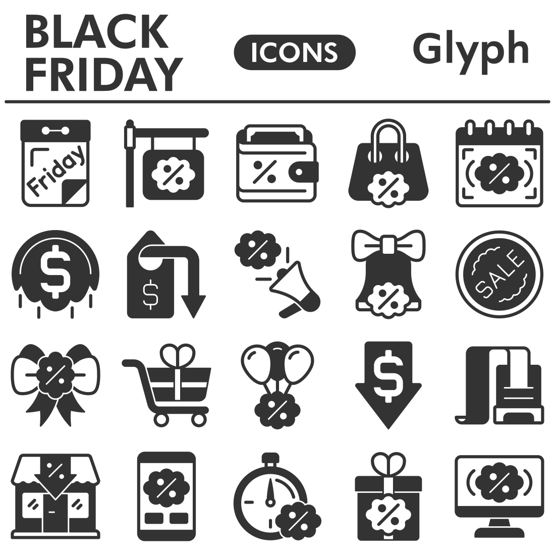 Black friday icons set, glyph style cover image.