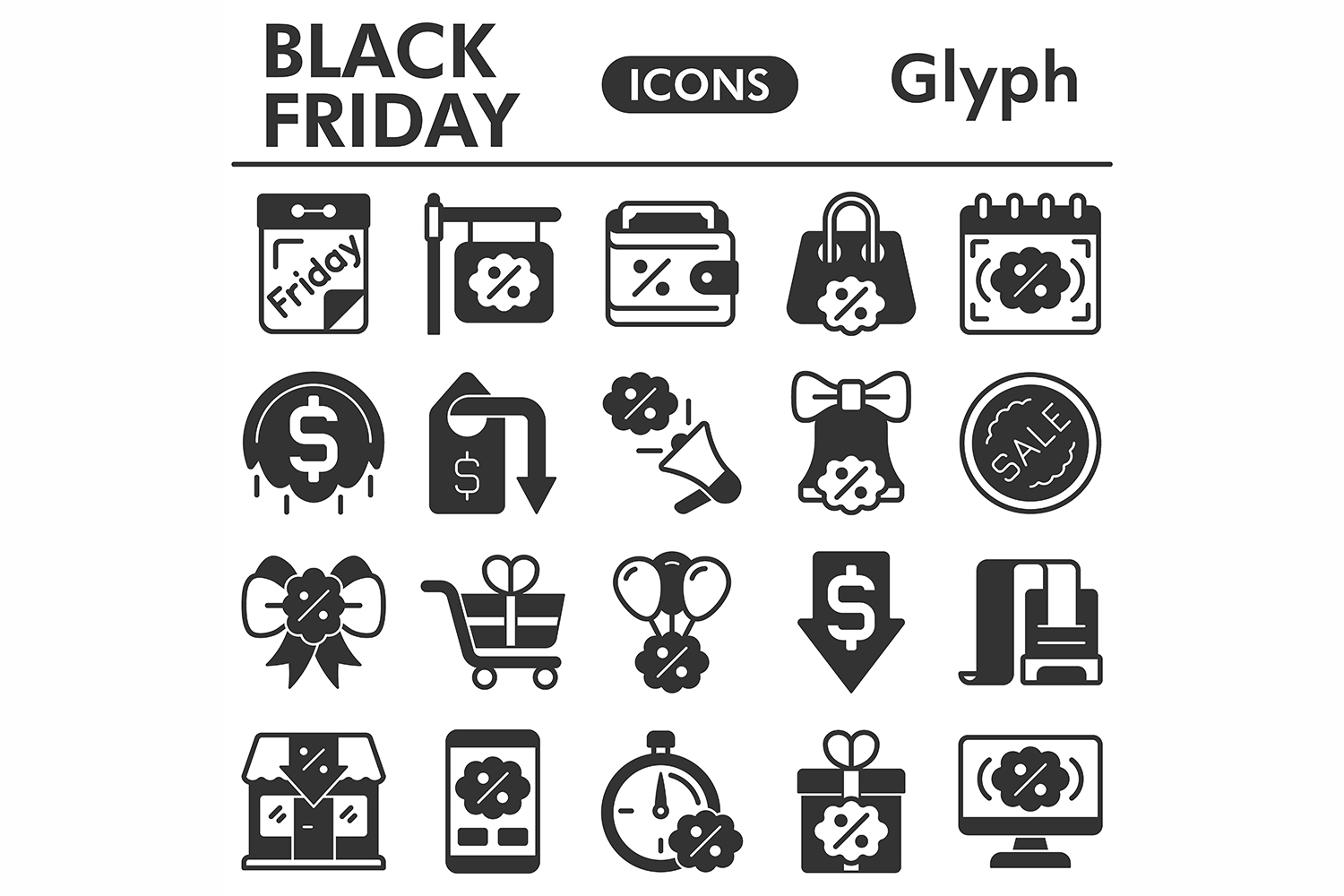 Black friday icons set, glyph style pinterest preview image.