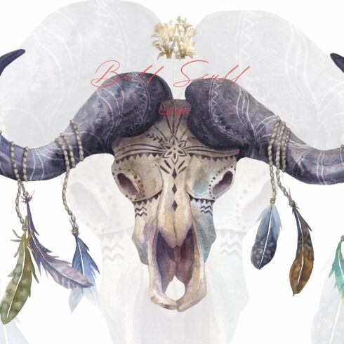 Watercolor Boho Bull skull clipart cover image.