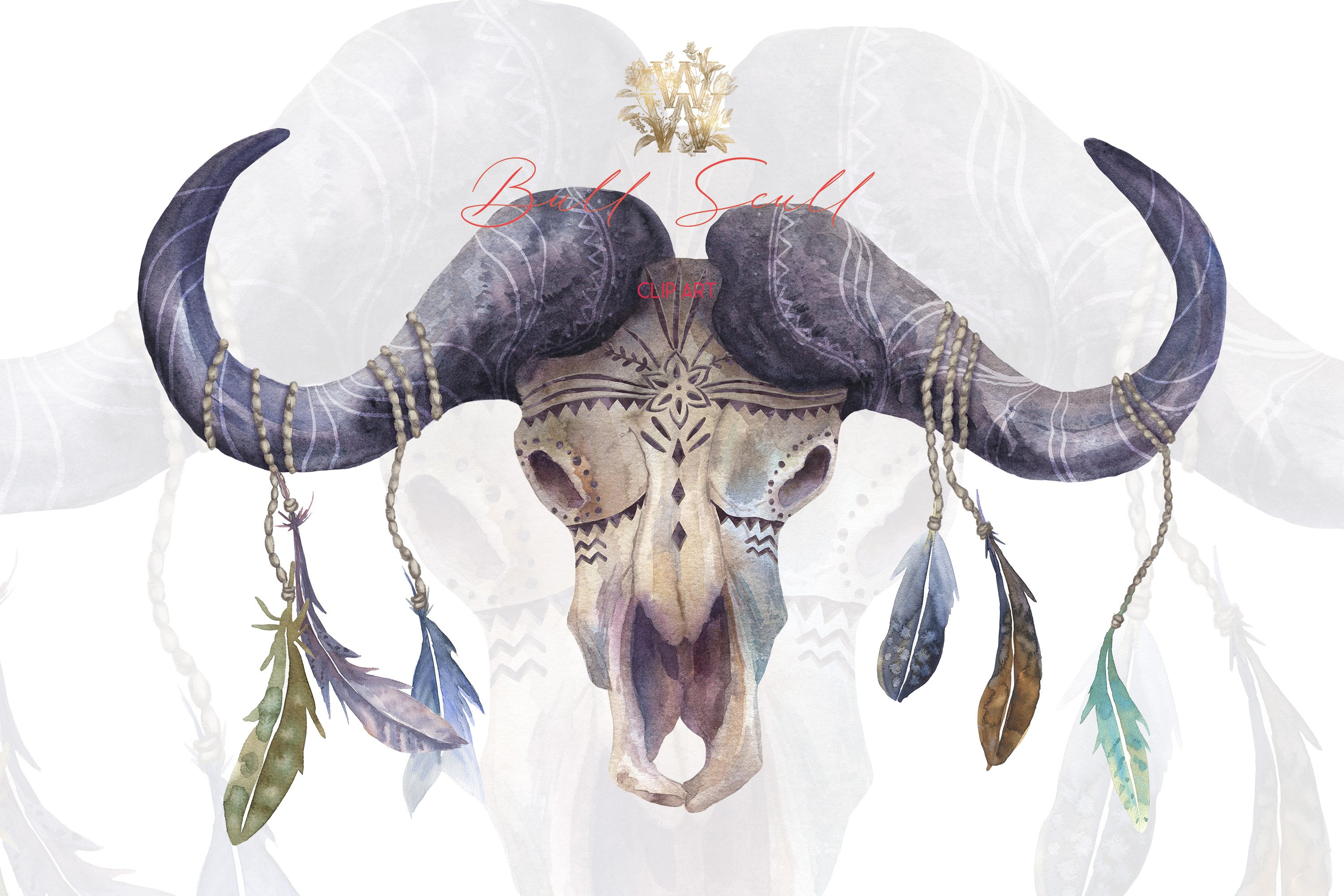Watercolor Boho Bull skull clipart cover image.