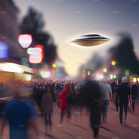 Spacecraft disc hovering over the city streets with people around. Paranorm... cover image.