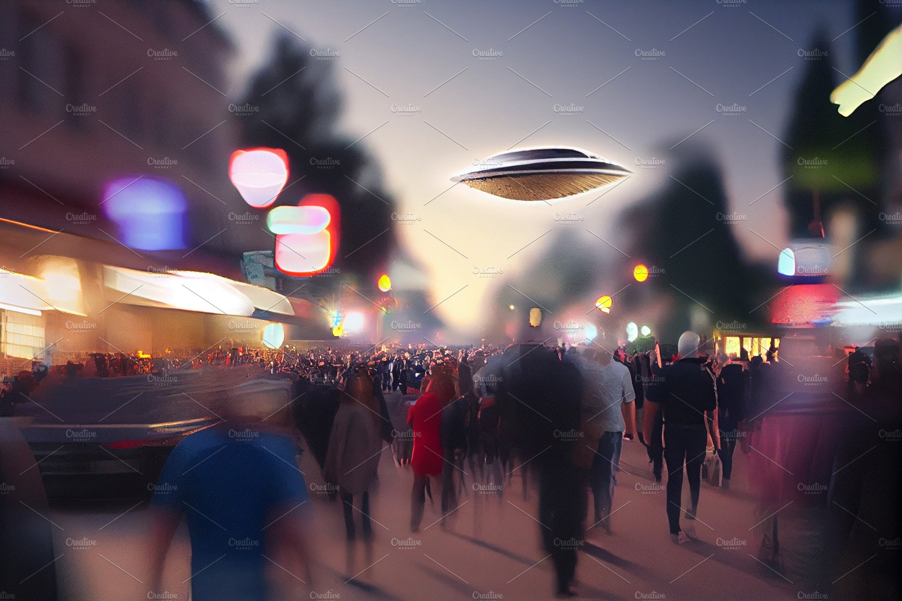 Spacecraft disc hovering over the city streets with people around. Paranorm... cover image.