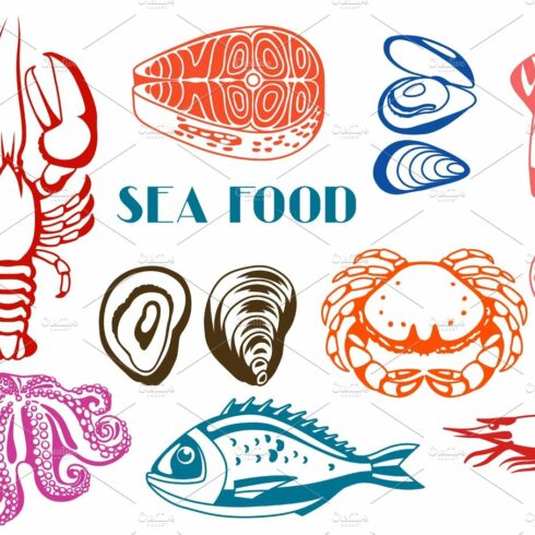 Various seafood set. Illustration of fish, shellfish and crustaceans cover image.
