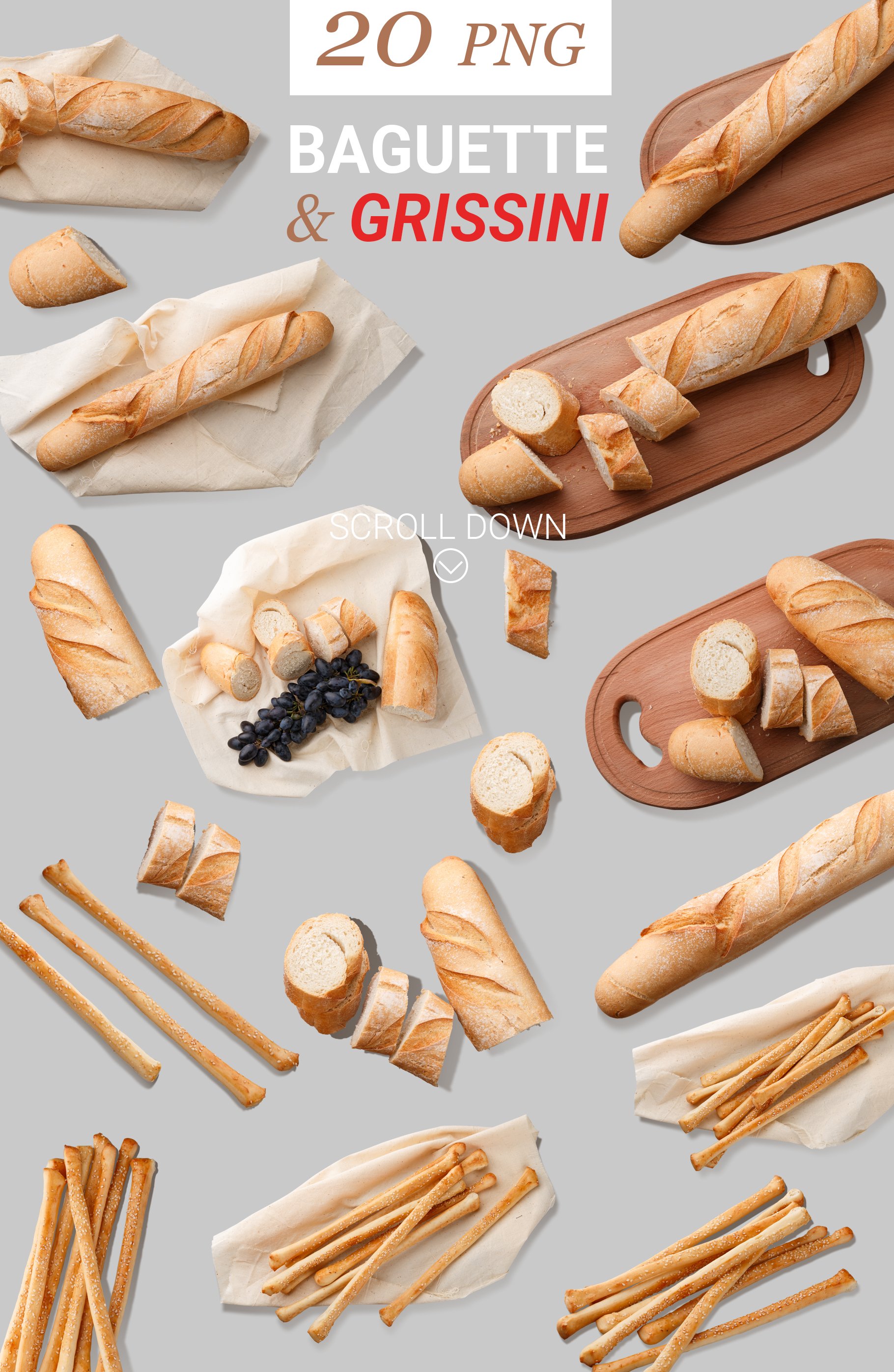 bread and grape mockup scene creator and food clipart set for social media design 986