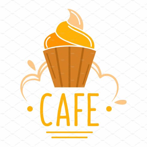 Cupcake symbol above cafe sign logo cover image.