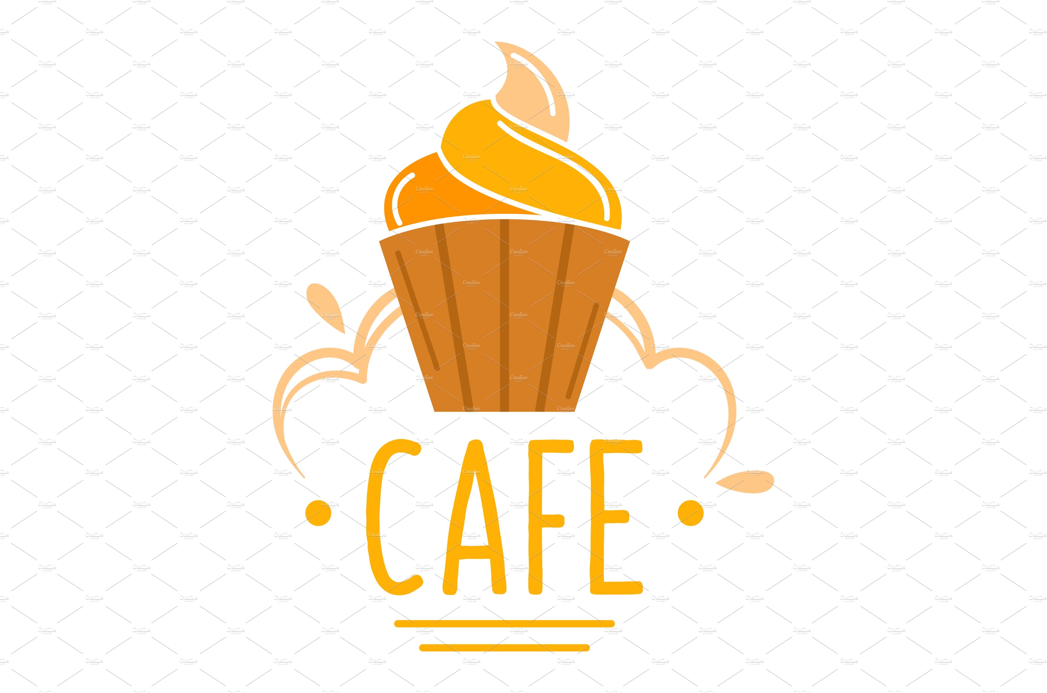 Cupcake symbol above cafe sign logo cover image.