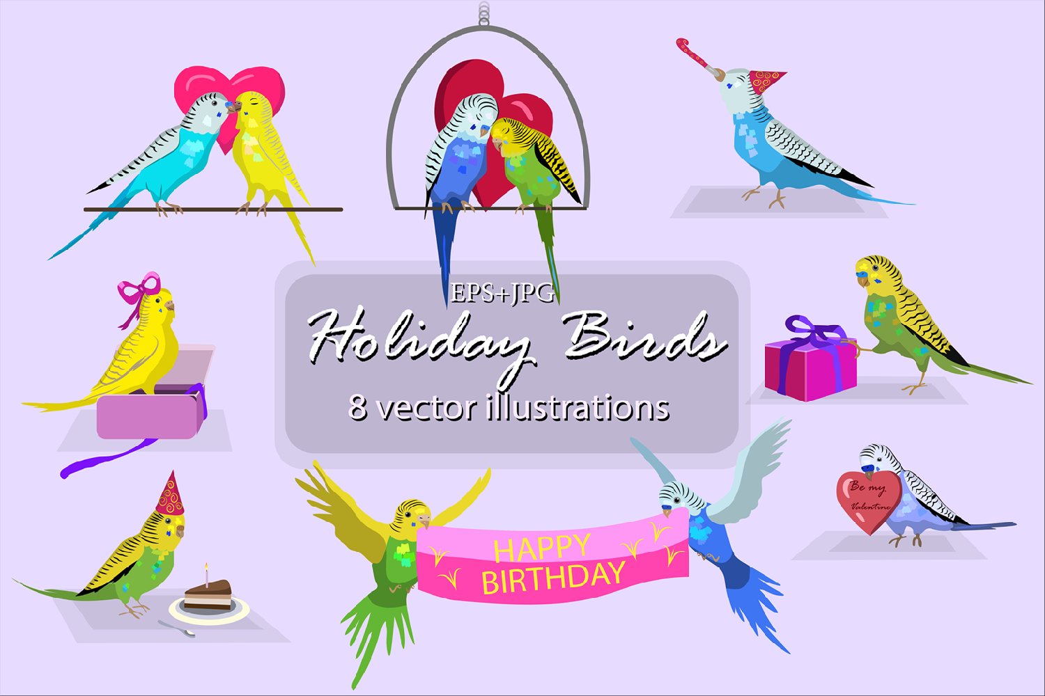 Holiday budgie birds vector set cover image.