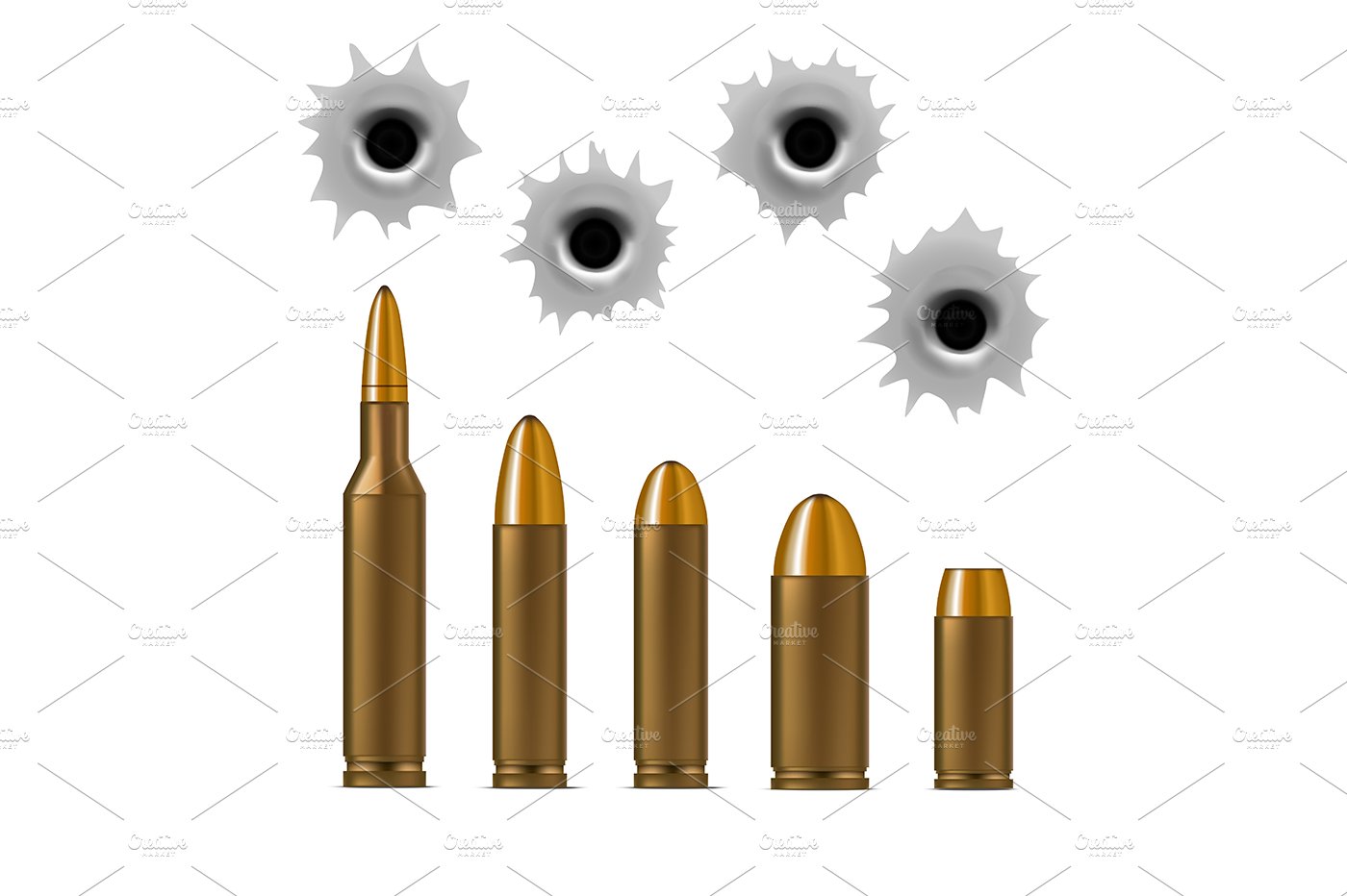 Bullets and Bullet Holes Set. Vector cover image.
