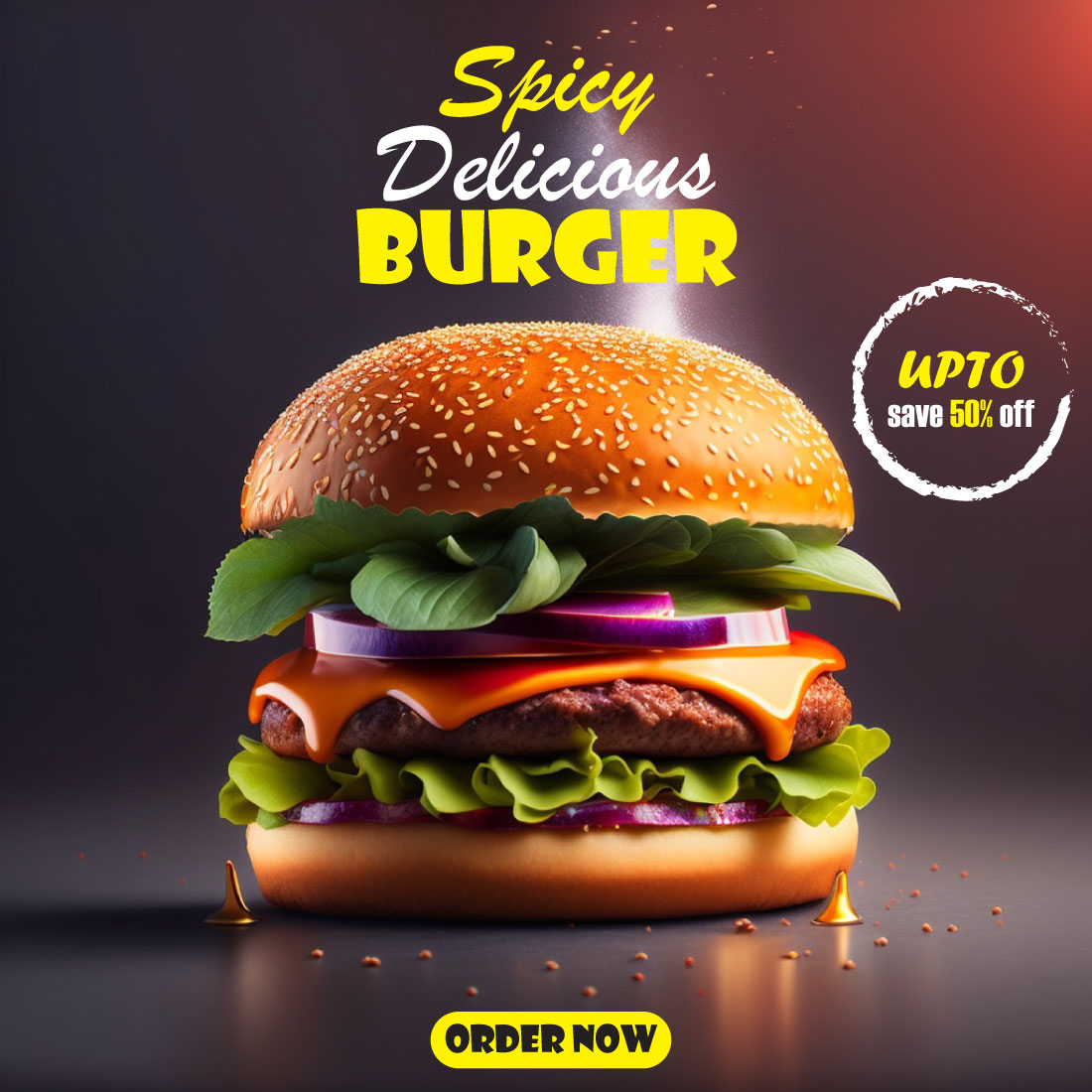 spicy delicious burger food social media post template preview image.