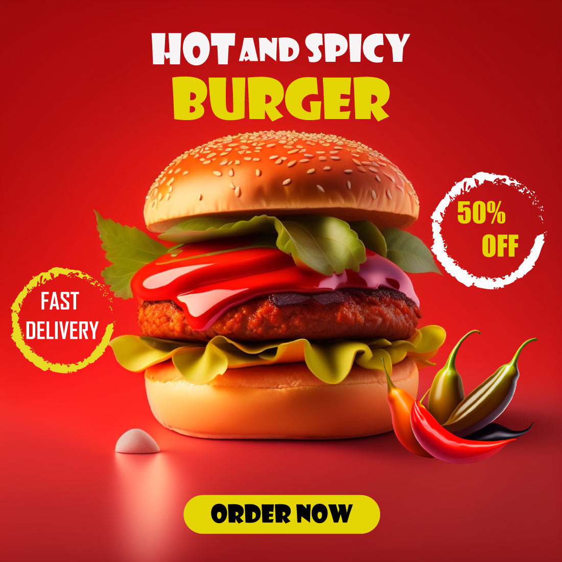 hot and spicy burger social media post template cover image.