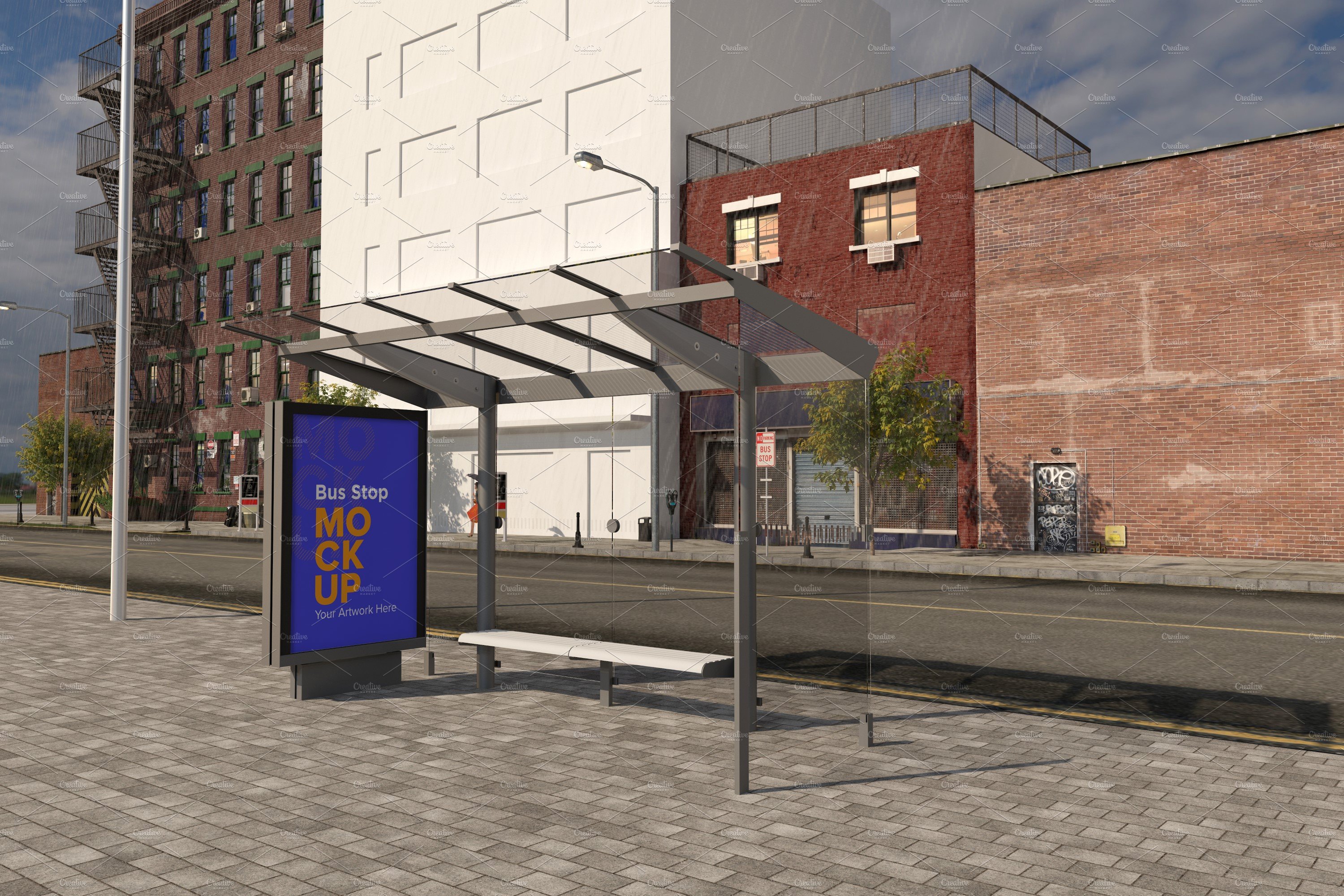 Bus Shelter Advertising Sign Mockup cover image.