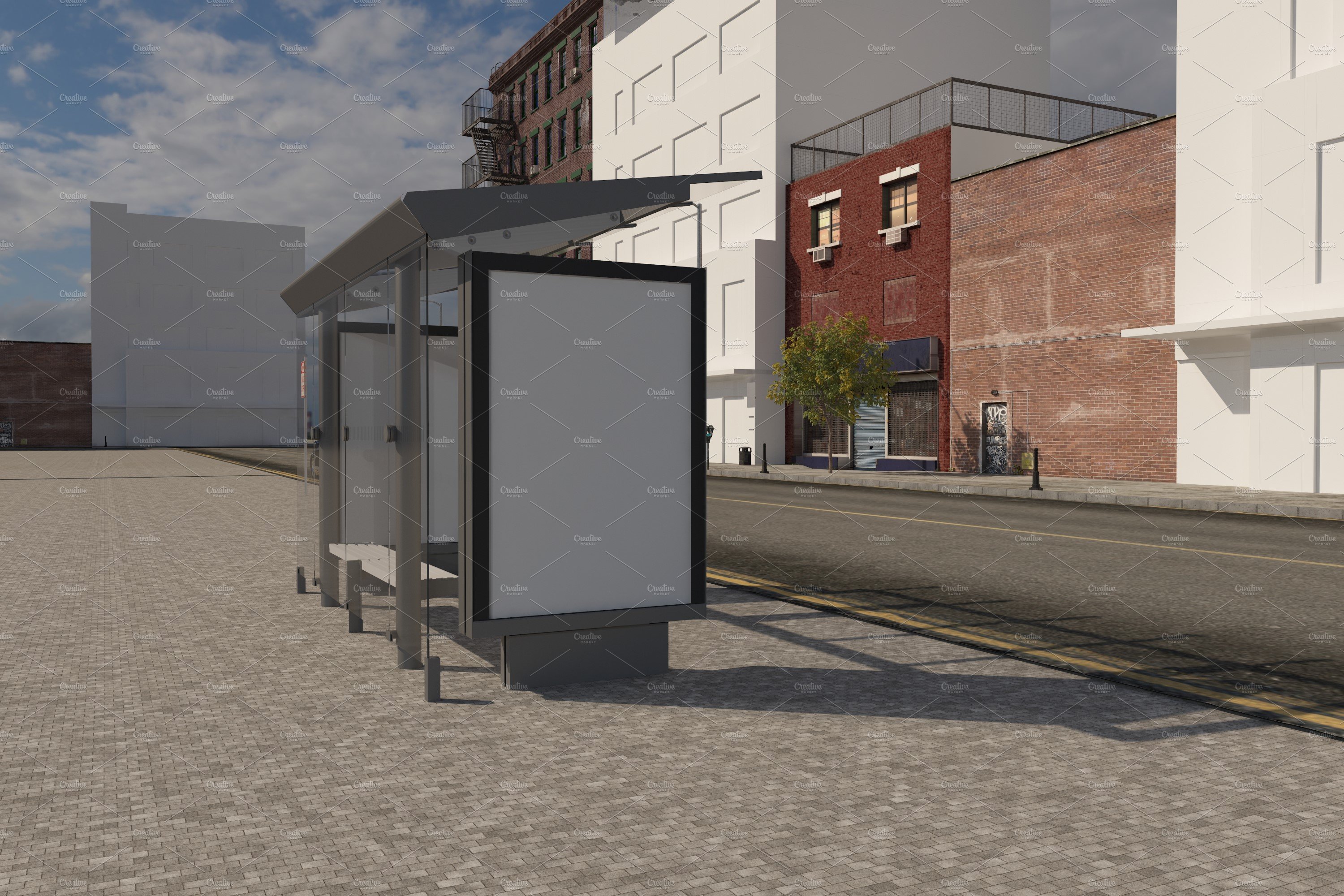 Bus Stop with 2 Sign Mockup preview image.