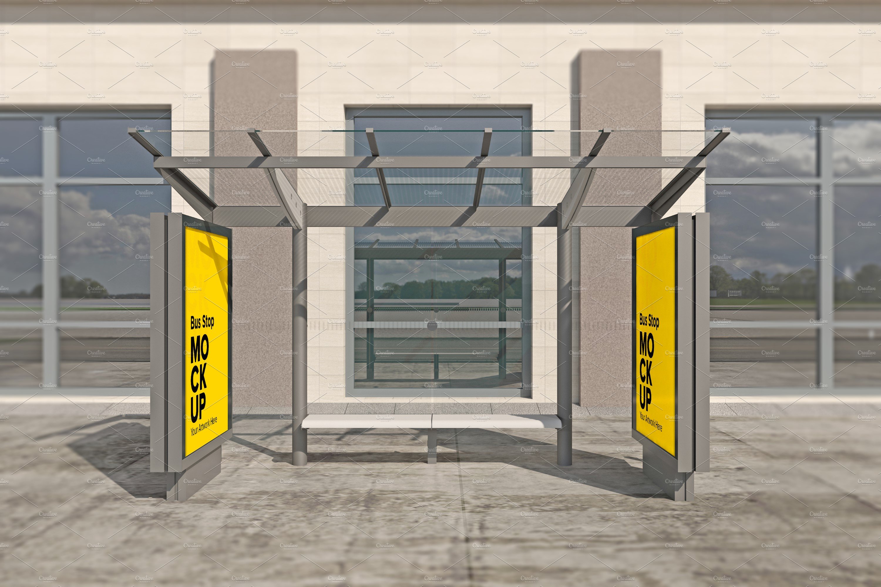 City Bus Stop With 2 Sign mockup cover image.