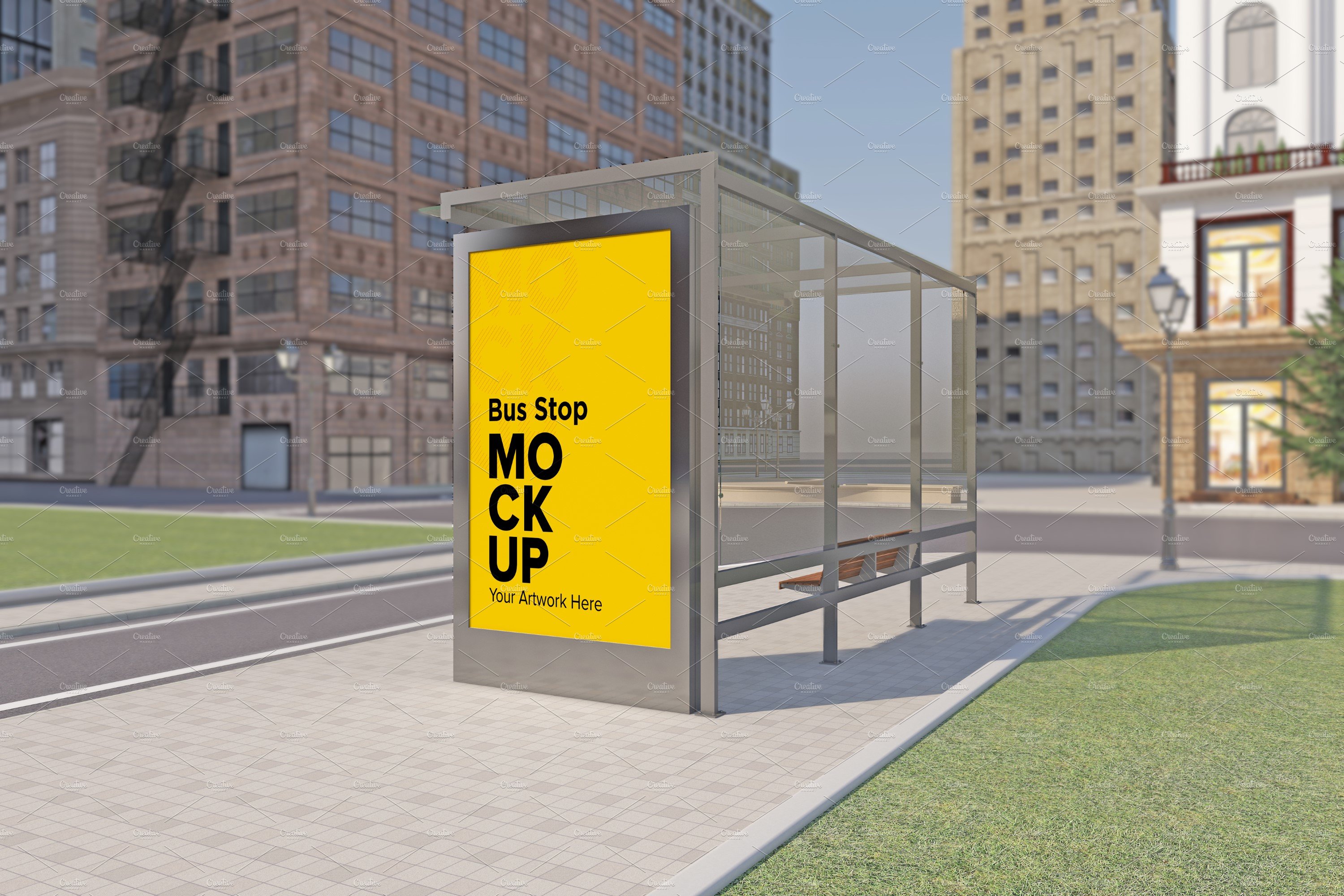 City Bus Shelter Sign mockup cover image.