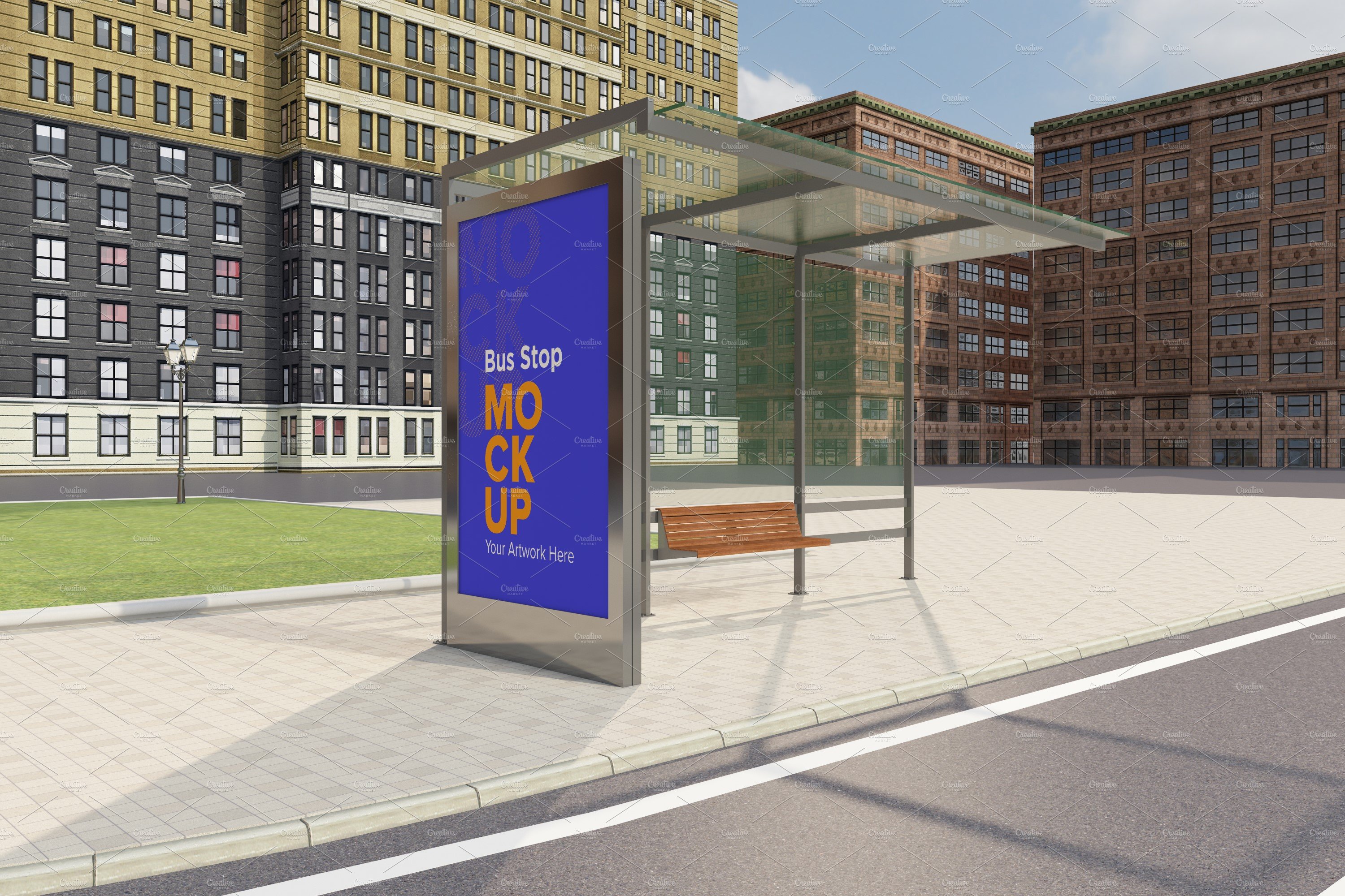 Bus Shelter Advertising Sign Mockup cover image.