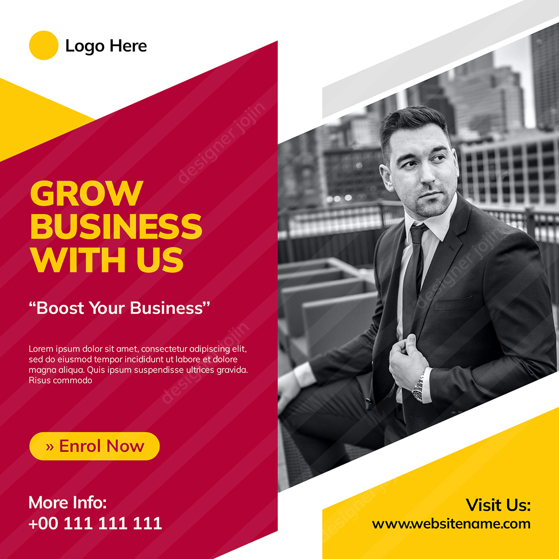 Business flyer with a man in a suit.