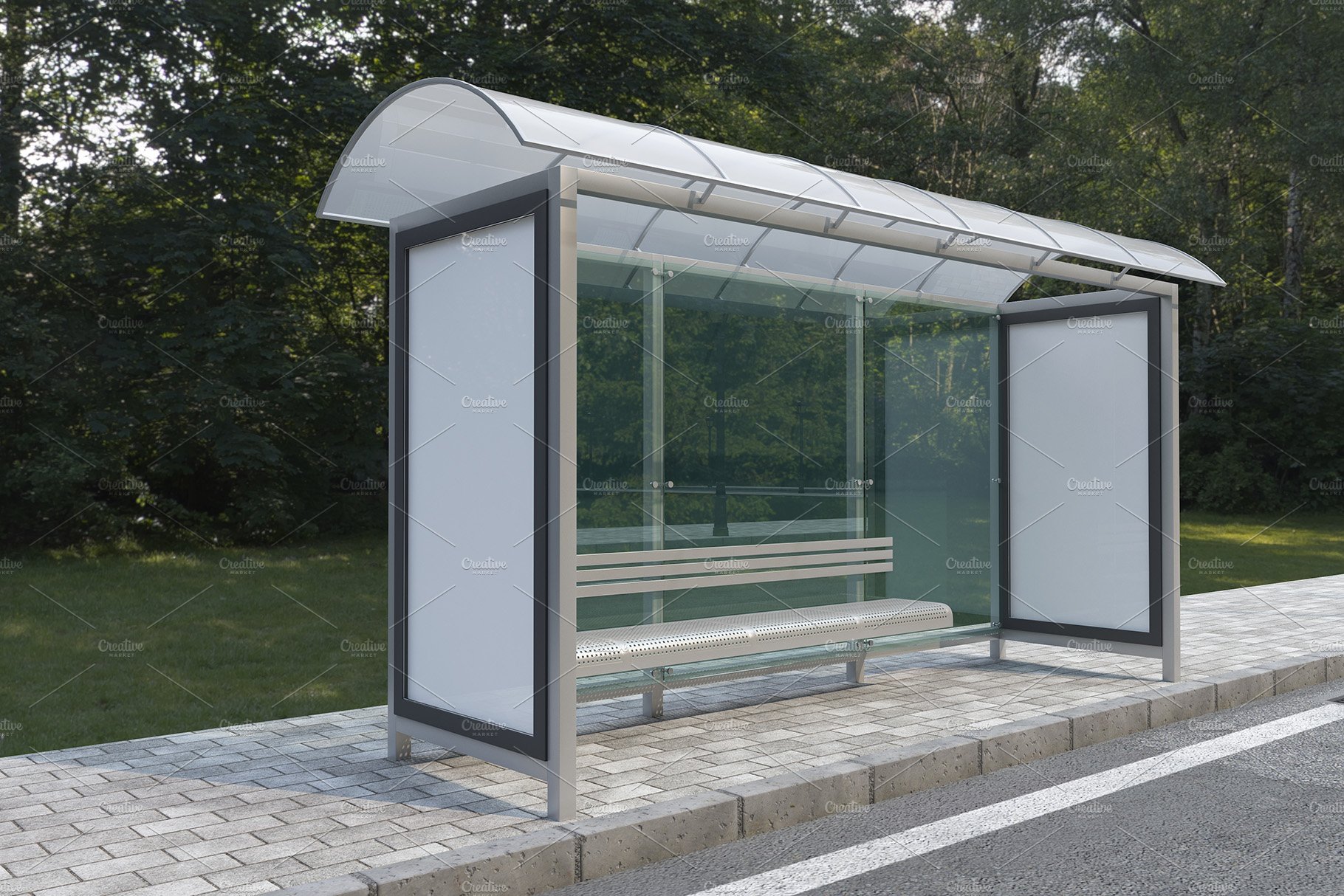 Bus Stop with 2 Sign Mockup preview image.