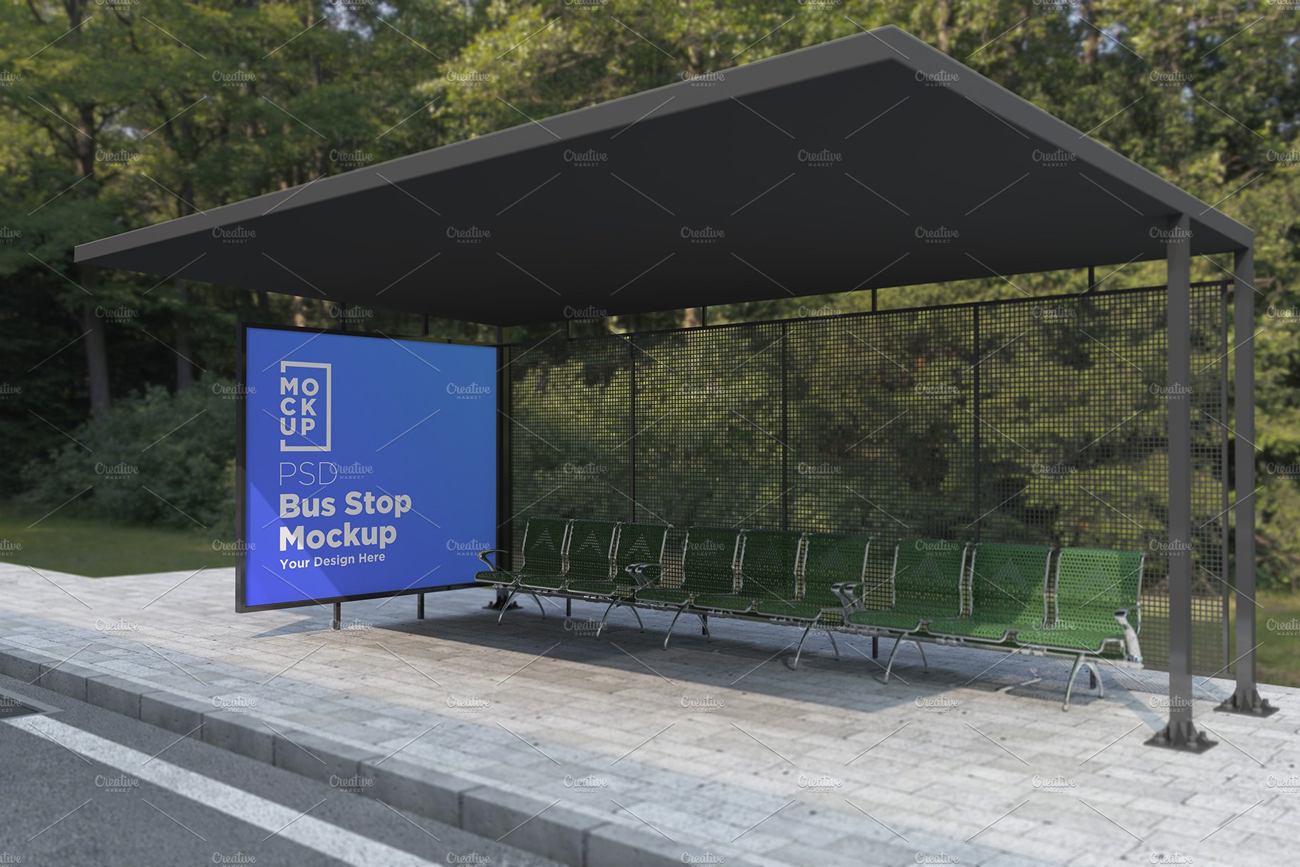 Bus stop Bus shelter sign mockup cover image.