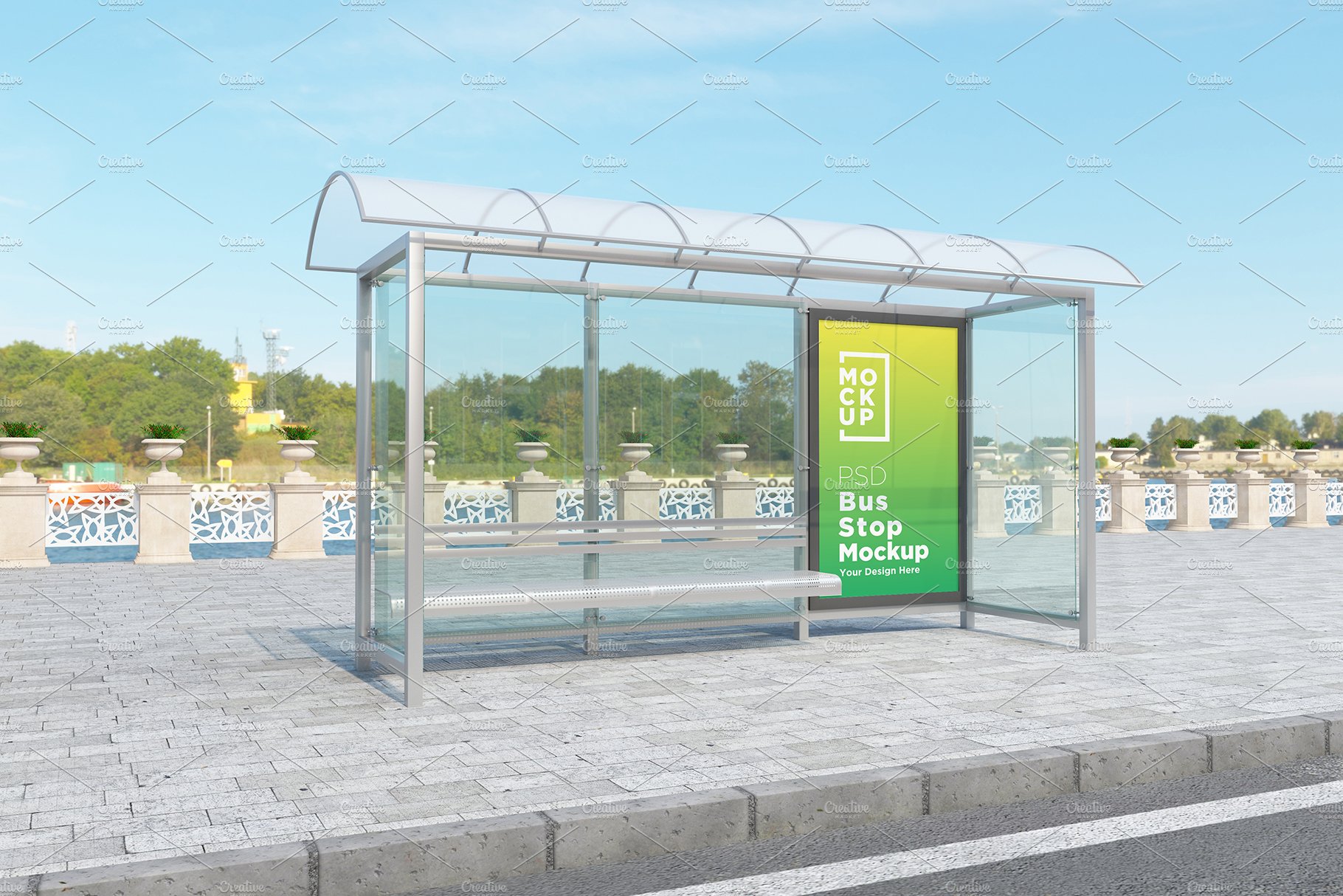 Bus stop Shelter Sign Mockup cover image.