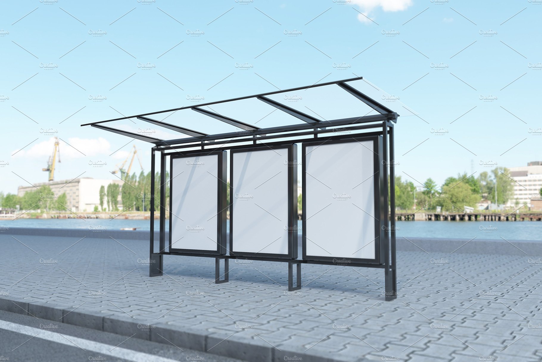 Bus Stop with 3 Sign Mockup preview image.