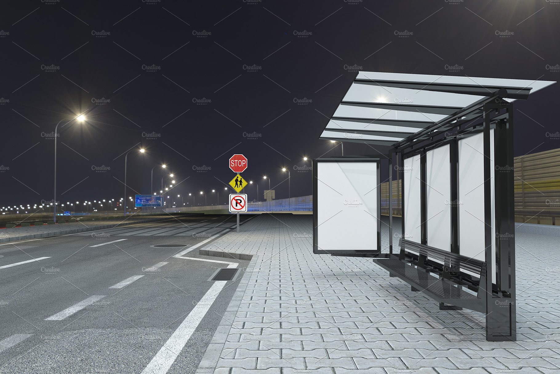 Night View Bus Stop 4 Sign Mockup preview image.