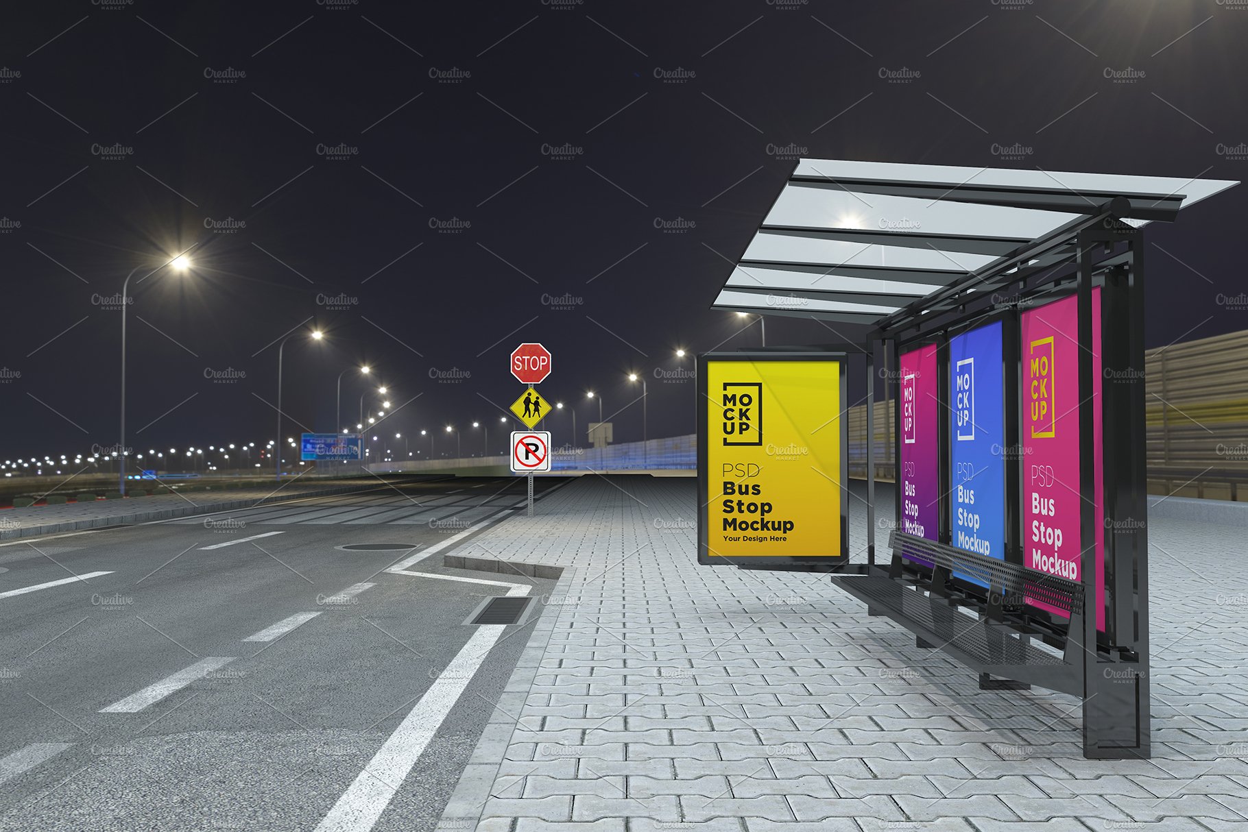 Night View Bus Stop 4 Sign Mockup cover image.